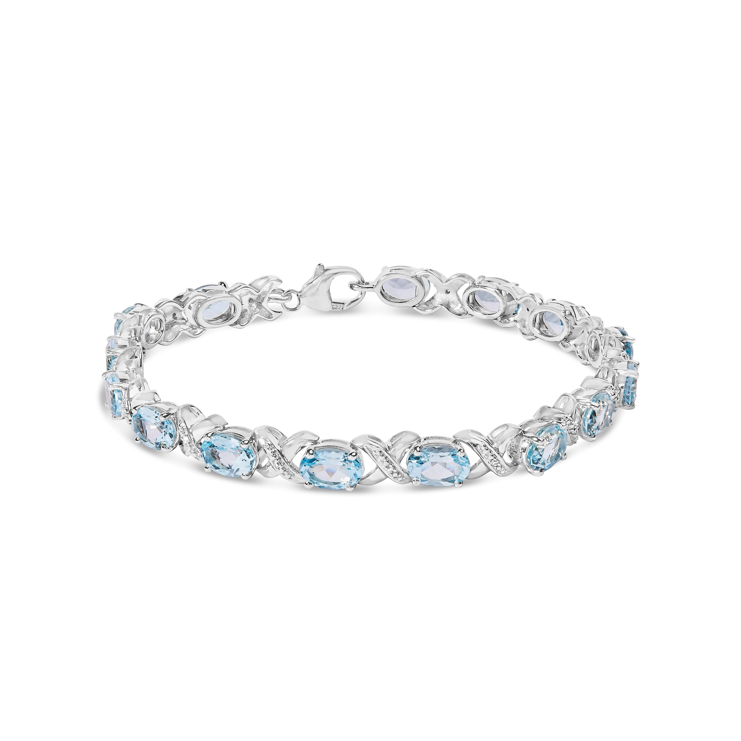 .925 Sterling Silver 16.0 Cttw Oval Blue Topaz and Diamond Accent Tennis X Link Bracelet I-J Color, I1-I2 Clarity - Size 7" Inch on sale at MyriadMart