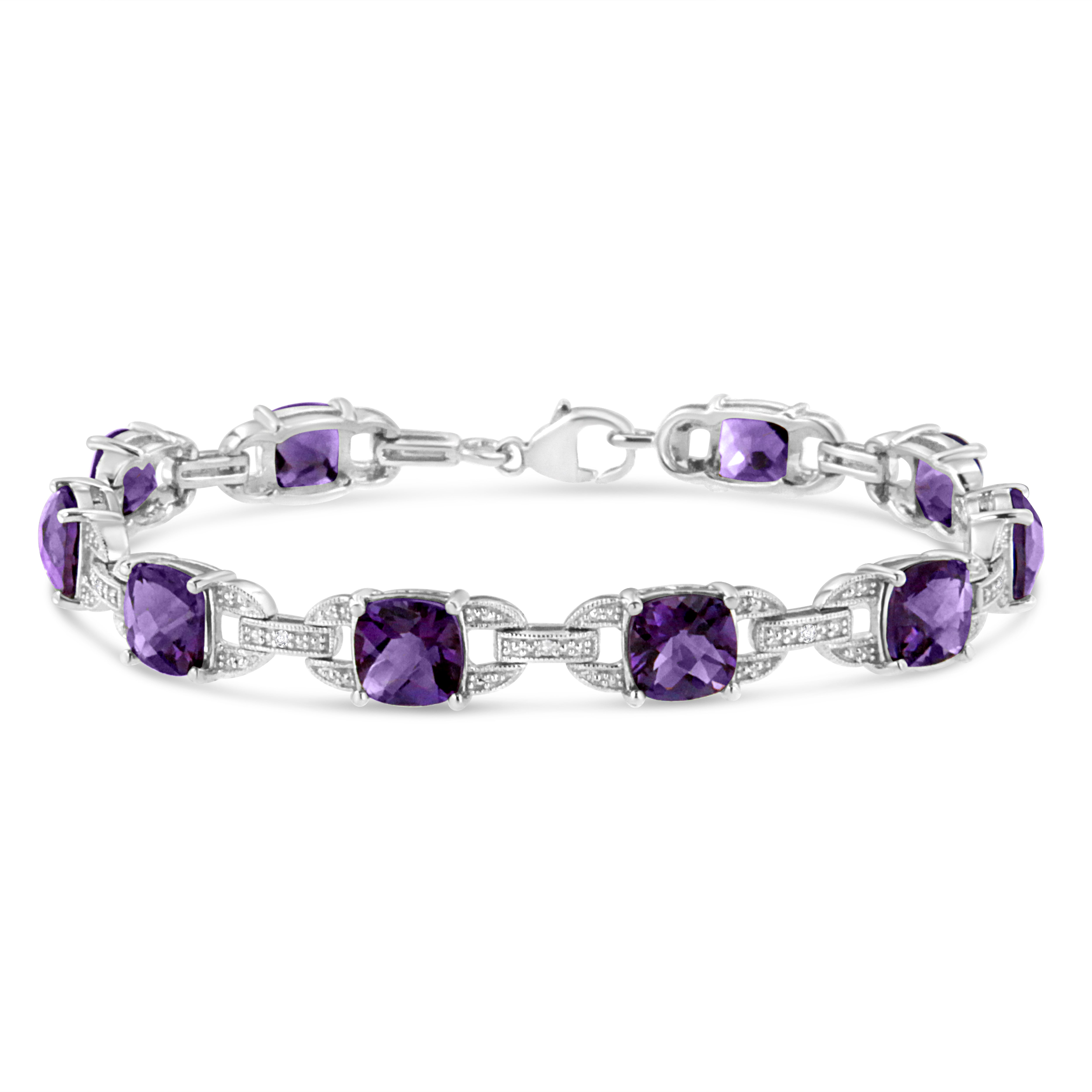.925 Sterling Silver 7mm Cushion Cut Amethyst Gemstone and Diamond Tennis Link Bracelet I-J Color, I1-I2 Clarity - Size 7" on sale at MyriadMart