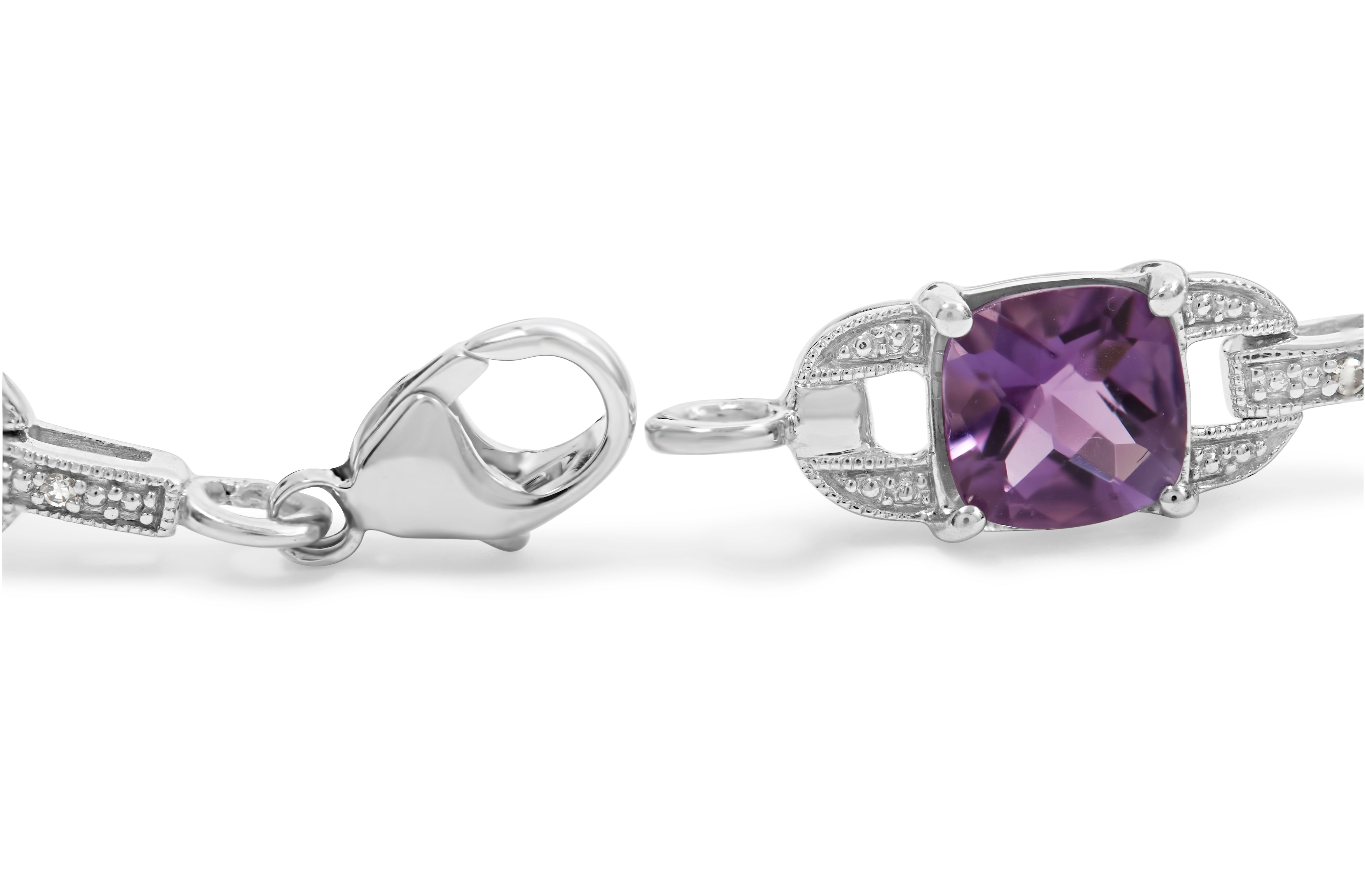 .925 Sterling Silver 7mm Cushion Cut Amethyst Gemstone and Diamond Tennis Link Bracelet I-J Color, I1-I2 Clarity - Size 7" on sale at MyriadMart