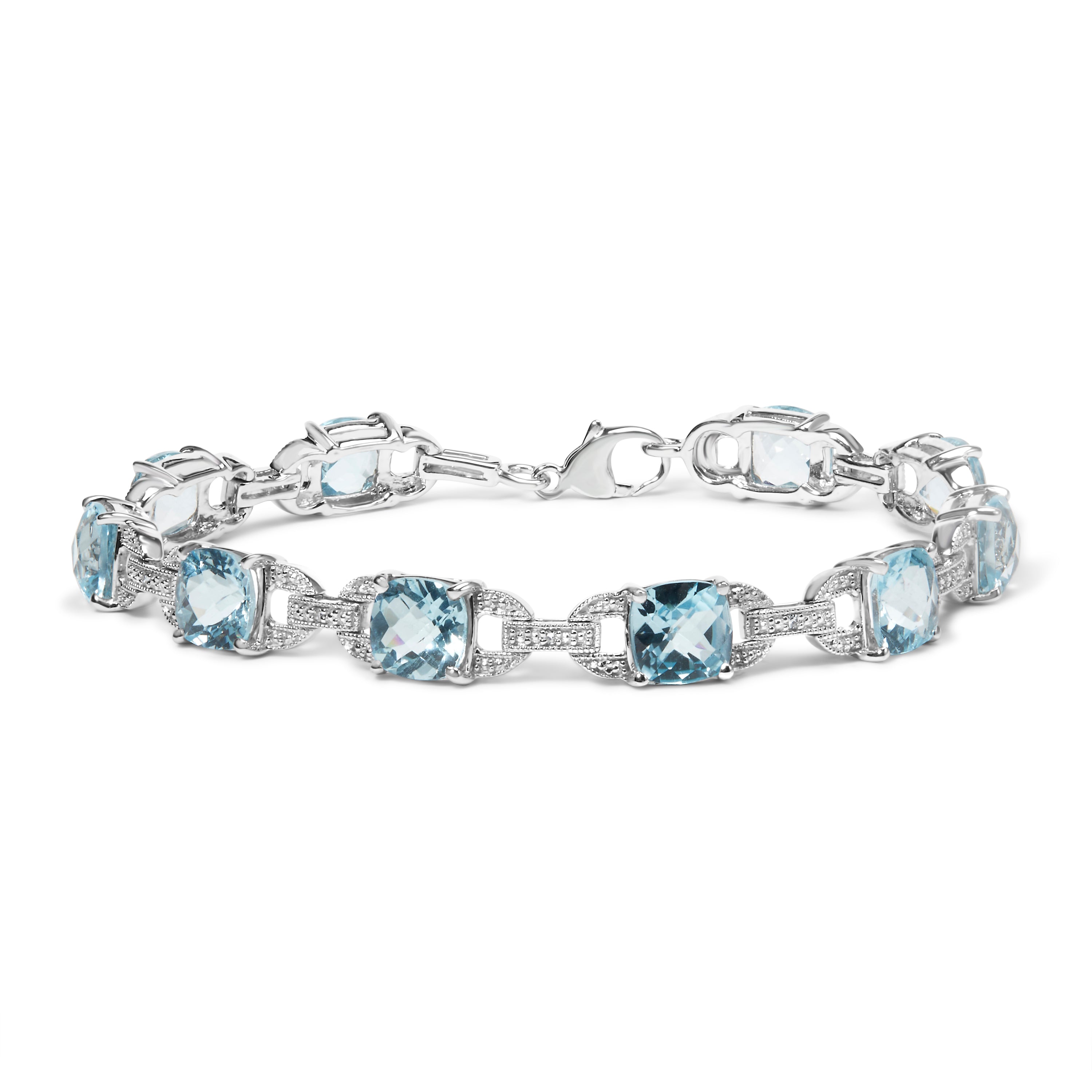 .925 Sterling Silver 7x7 mm Cushion Cut Blue Topaz and 1/20 cttw Round Cut Diamond Fashion Tennis Bracelet I-J Color, I1-I2 Clarity - 7" on sale at MyriadMart