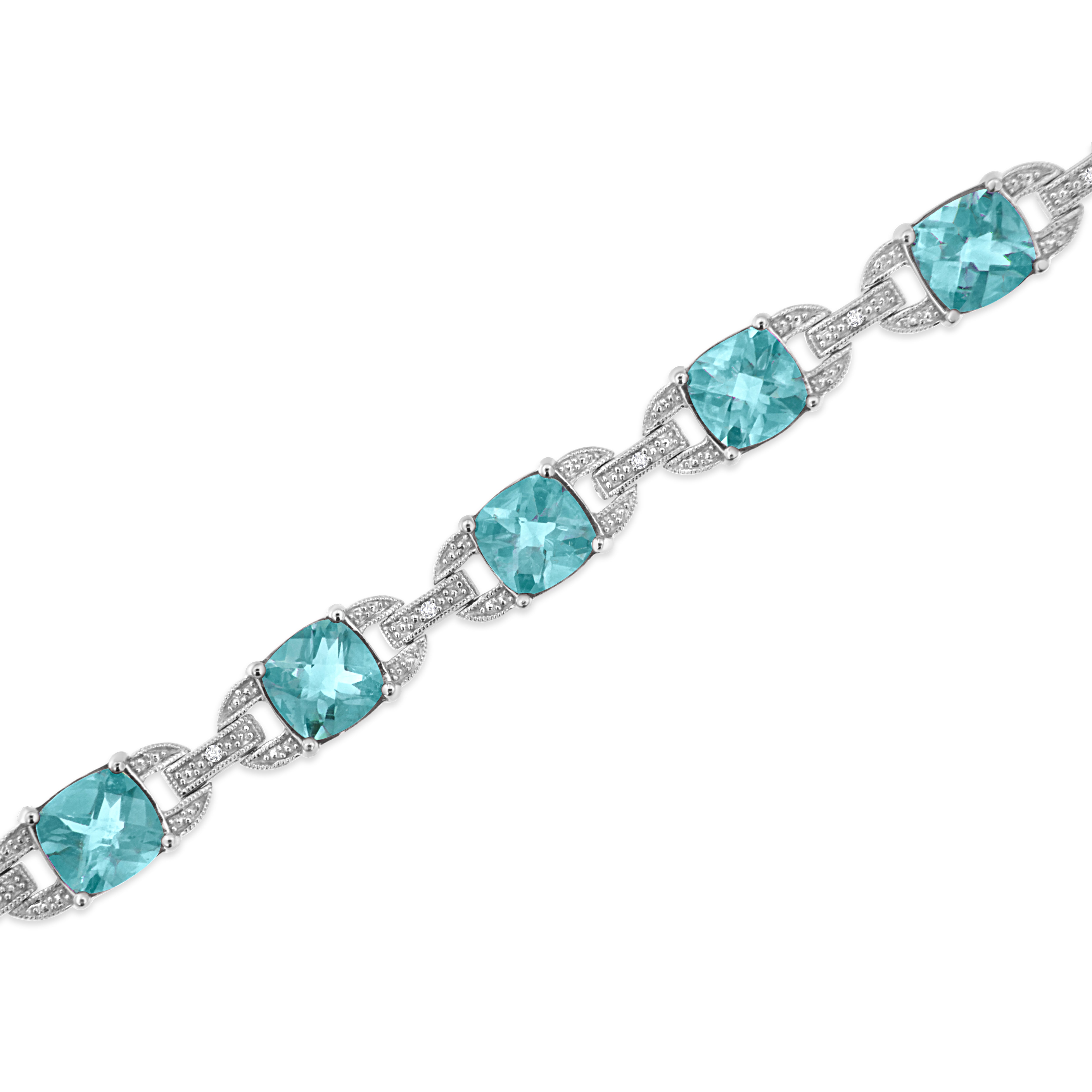 .925 Sterling Silver 7x7 mm Cushion Cut Blue Topaz and 1/20 cttw Round Cut Diamond Fashion Tennis Bracelet I-J Color, I1-I2 Clarity - 7" on sale at MyriadMart