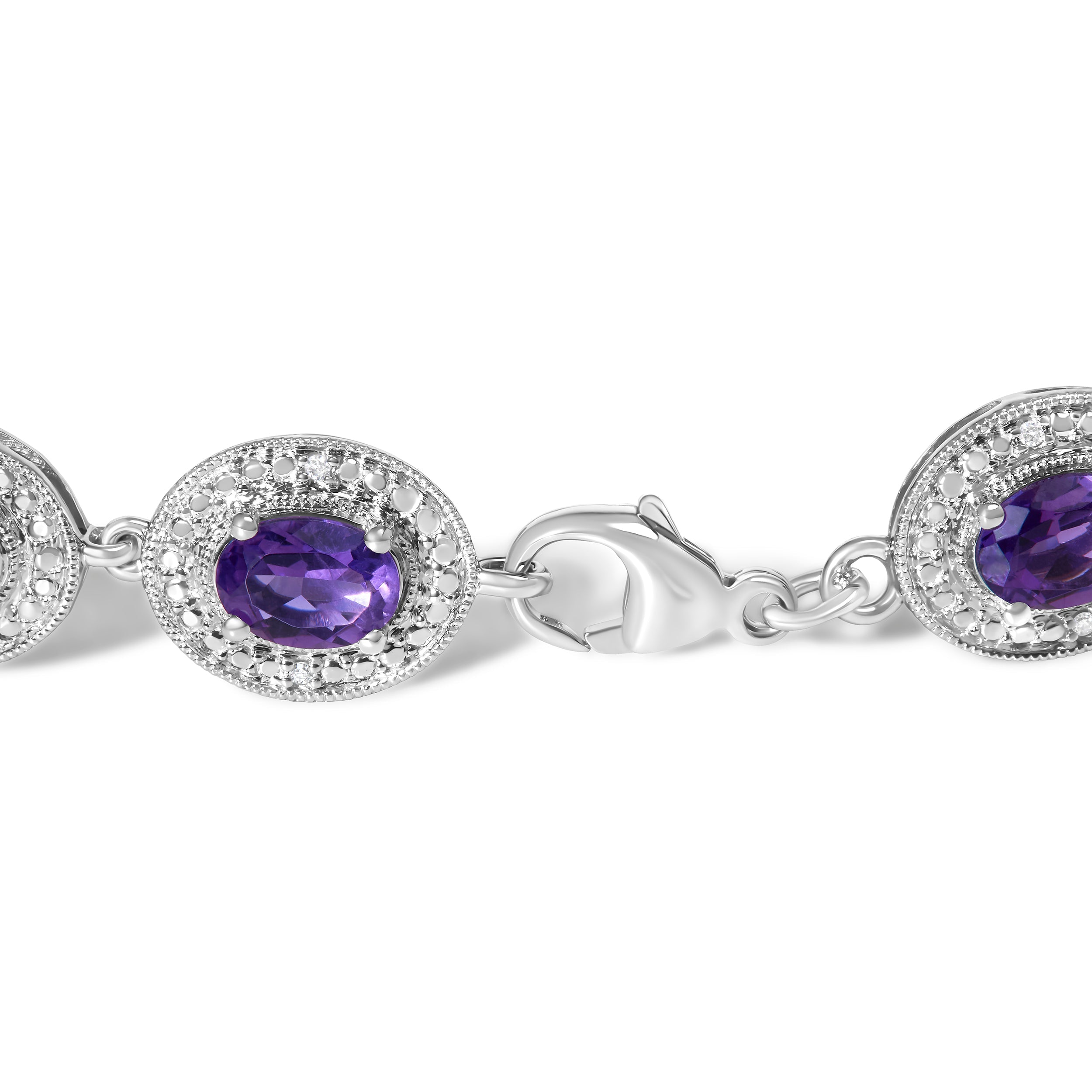 Sterling Silver 5x7 MM Oval Purple Amethyst & Diamond Halo Link Bracelet on sale at MyriadMart