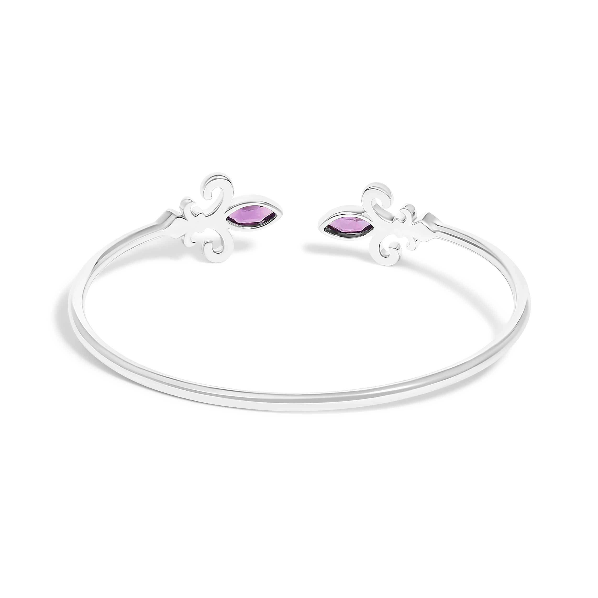 .925 Sterling Silver 8X4MM Marquise Purple Amethyst and Diamond Accent Fleur Di Lis Open Cuff Bangle I-J Color, I1-I2 Clarity - 7" on sale at MyriadMart