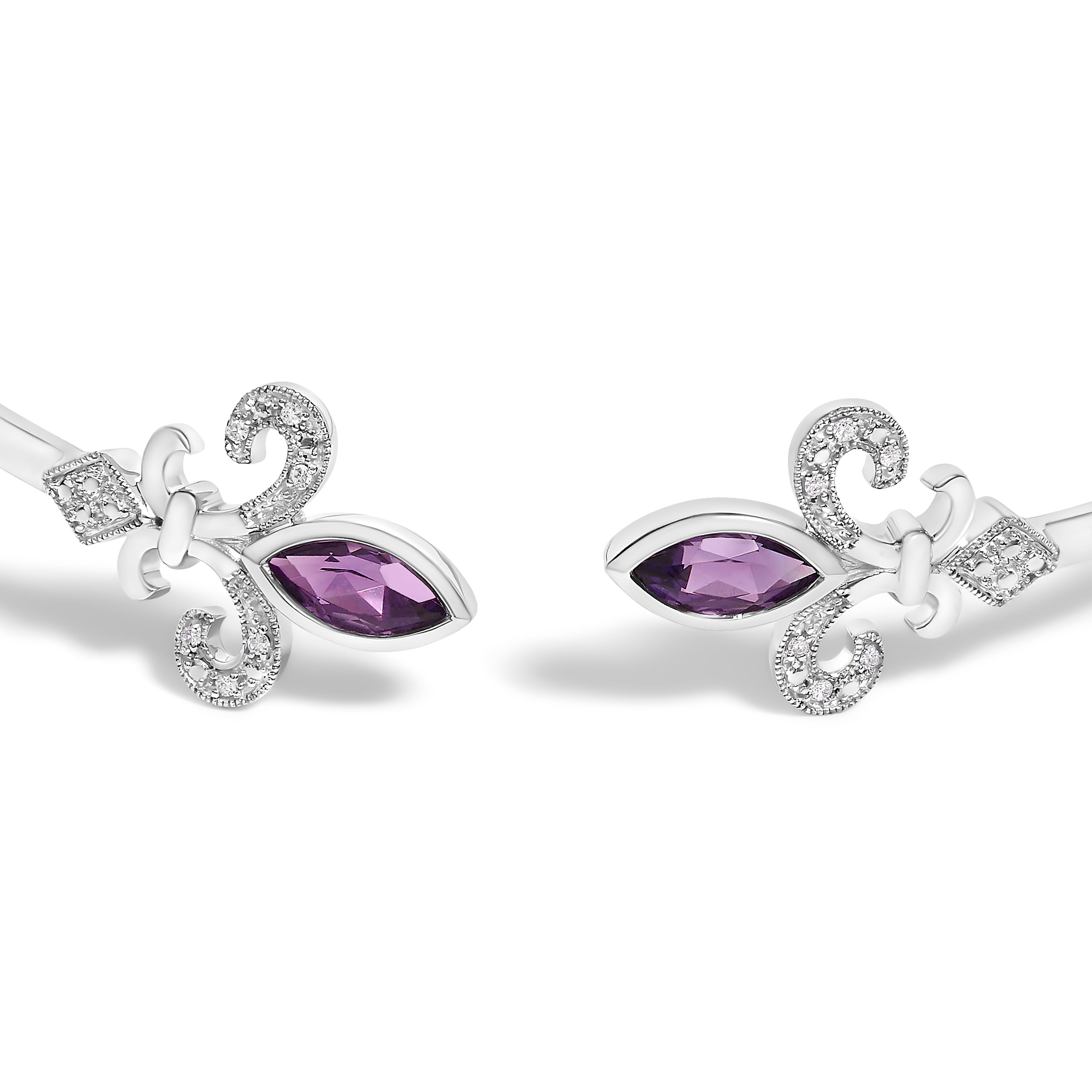 .925 Sterling Silver 8X4MM Marquise Purple Amethyst and Diamond Accent Fleur Di Lis Open Cuff Bangle I-J Color, I1-I2 Clarity - 7" on sale at MyriadMart
