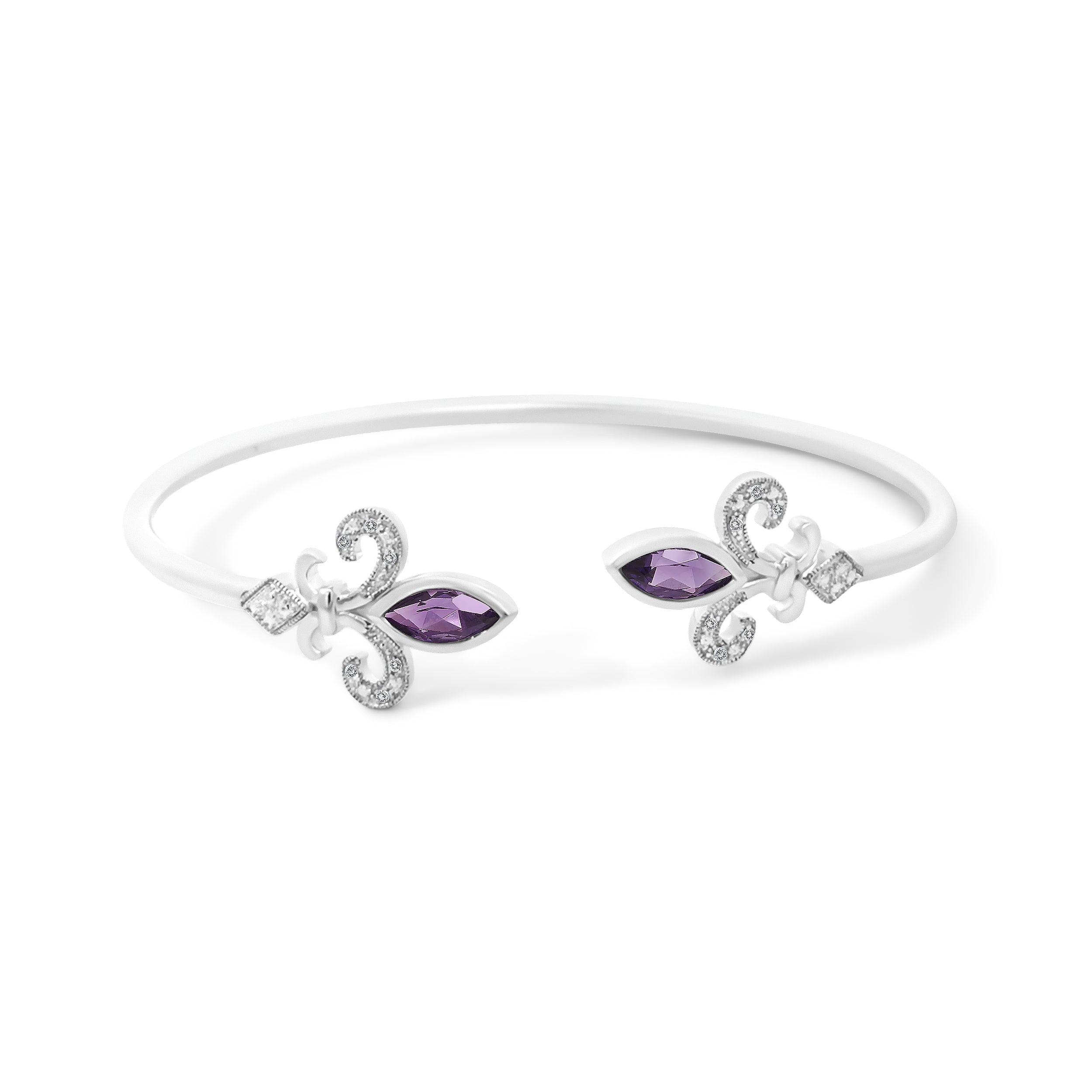 .925 Sterling Silver 8X4MM Marquise Purple Amethyst and Diamond Accent Fleur Di Lis Open Cuff Bangle I-J Color, I1-I2 Clarity - 7" on sale at MyriadMart
