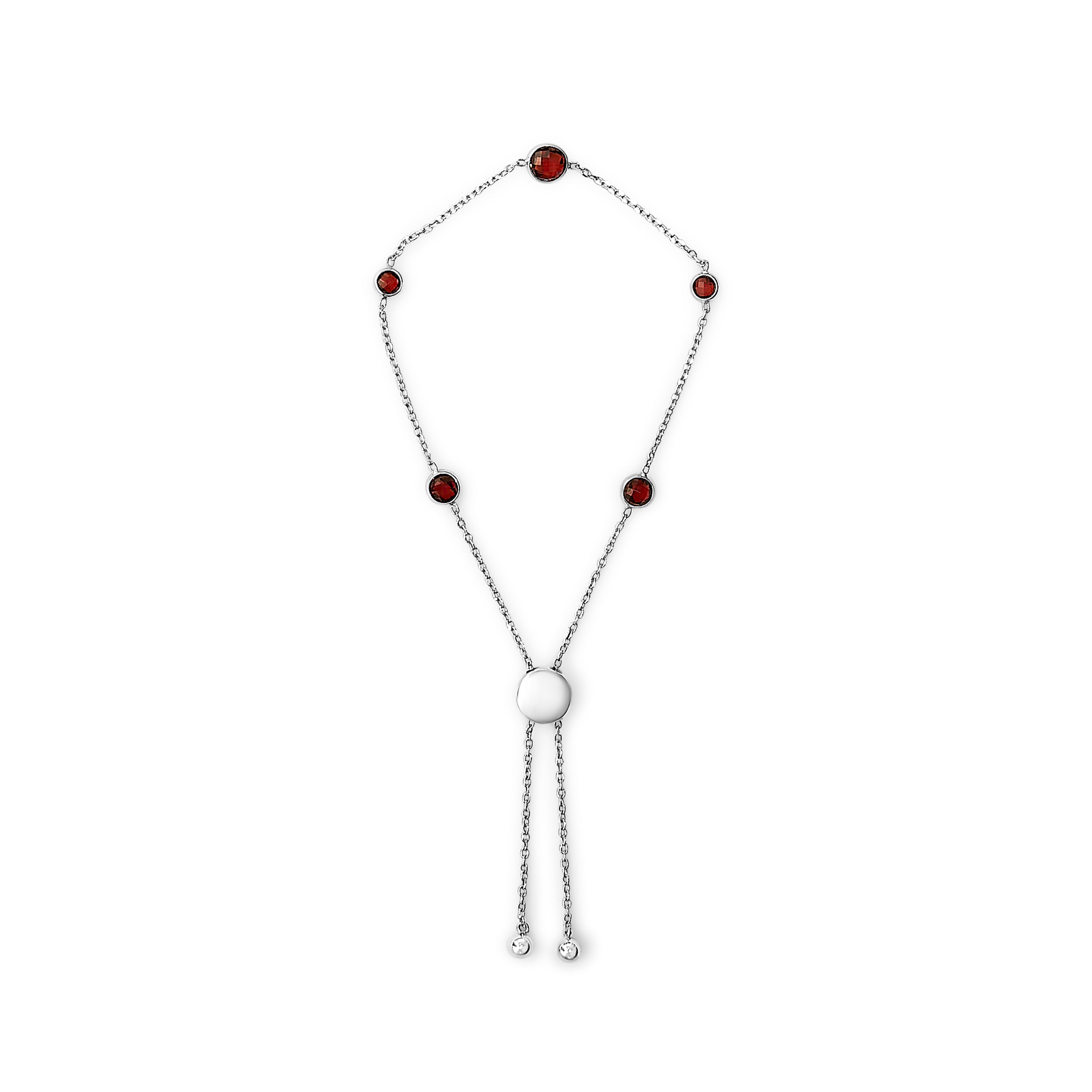 .925 Sterling Silver Bezel Set Red Garnet 5 Station Adjustable Bolo Bracelet on sale at MyriadMart