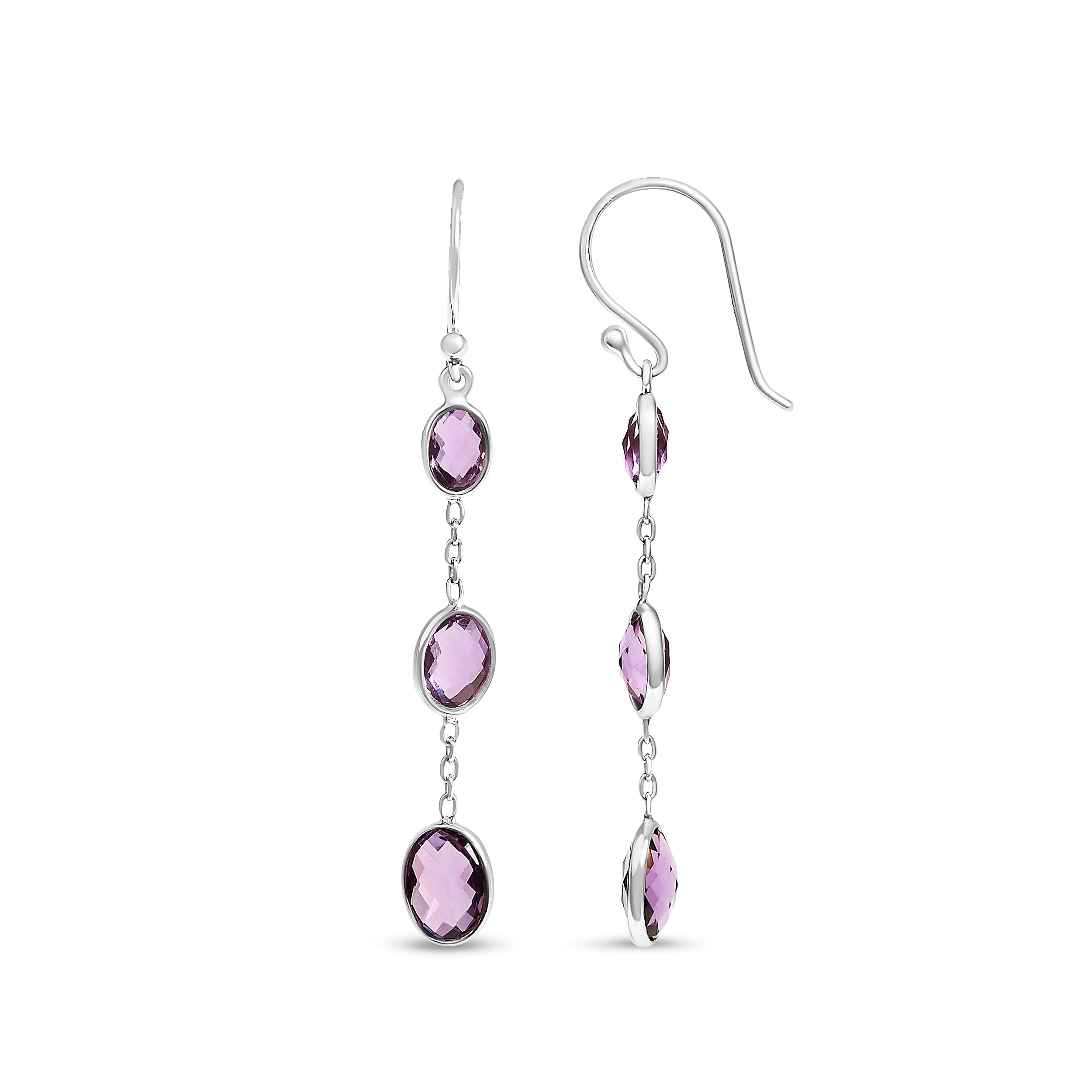 .925 Sterling Silver Checkerboard Cut Oval Purple Amethyst 2" Inch Drop and Dangle Earrings on sale at MyriadMart