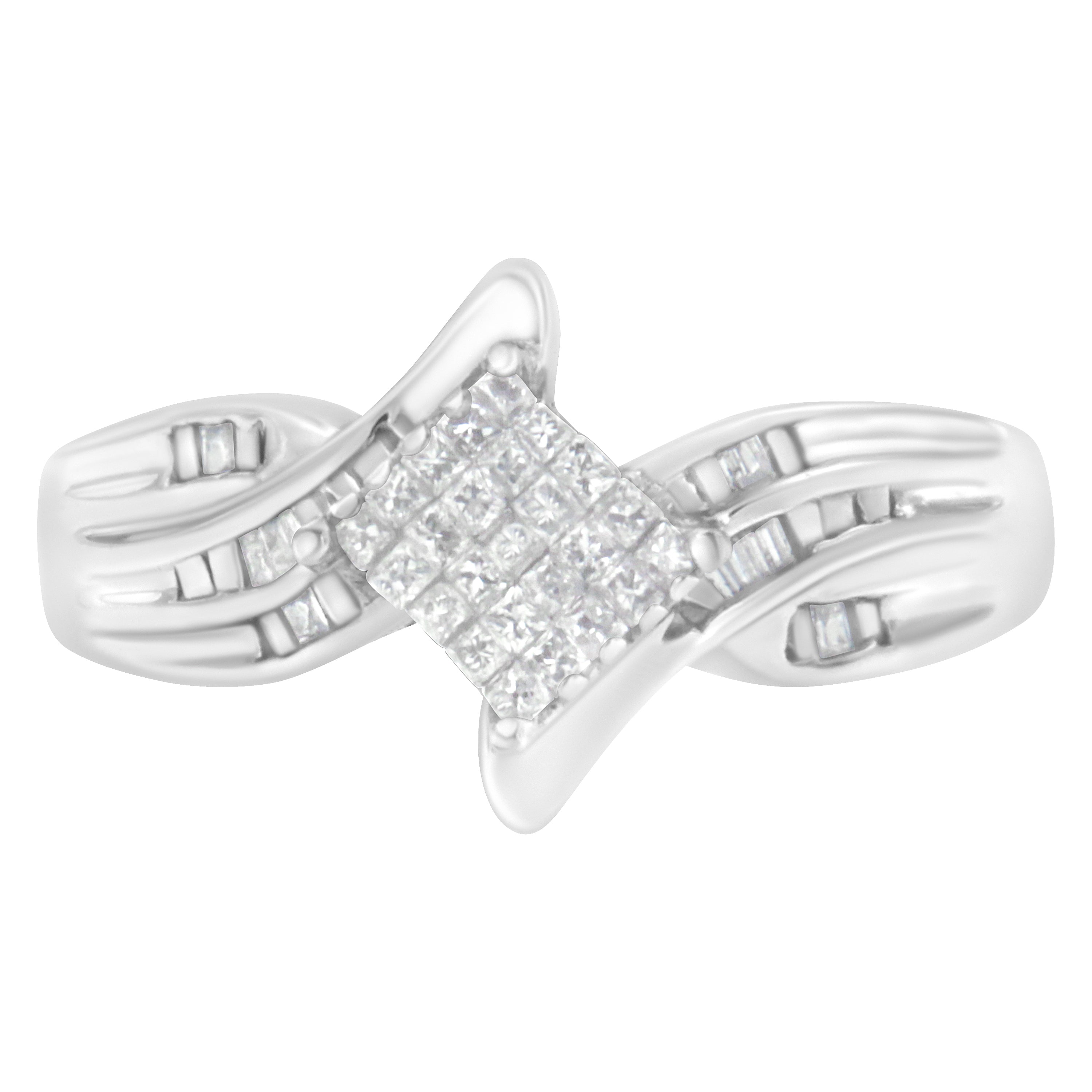 10K White Gold 1/3 Cttw Princess and Baguette Cut Diamond Bypass Style Cocktail Ring I-J Color, I1-I2 Clarity - Size 4 on sale at MyriadMart