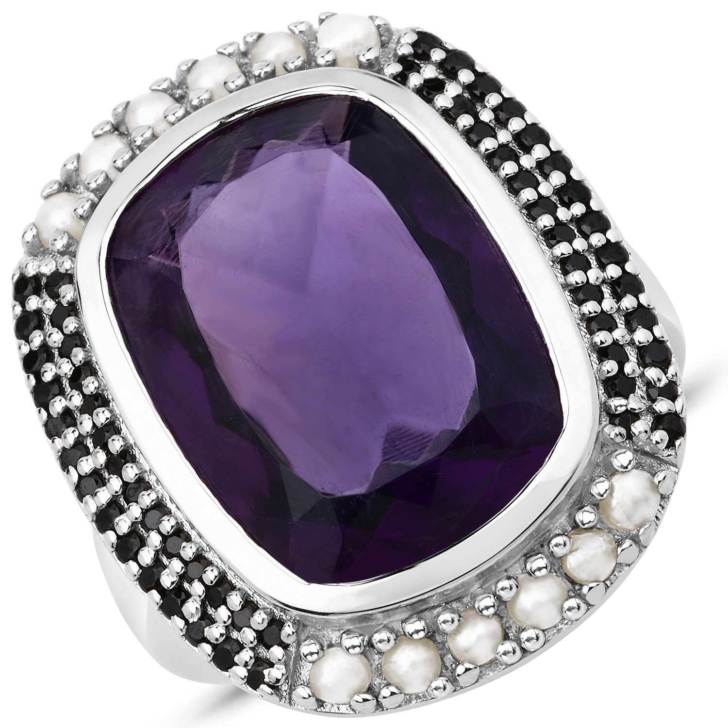 9.59 Carat Genuine Amethyst, Pearl and Black Spinel .925 Sterling Silver Ring on sale at MyriadMart