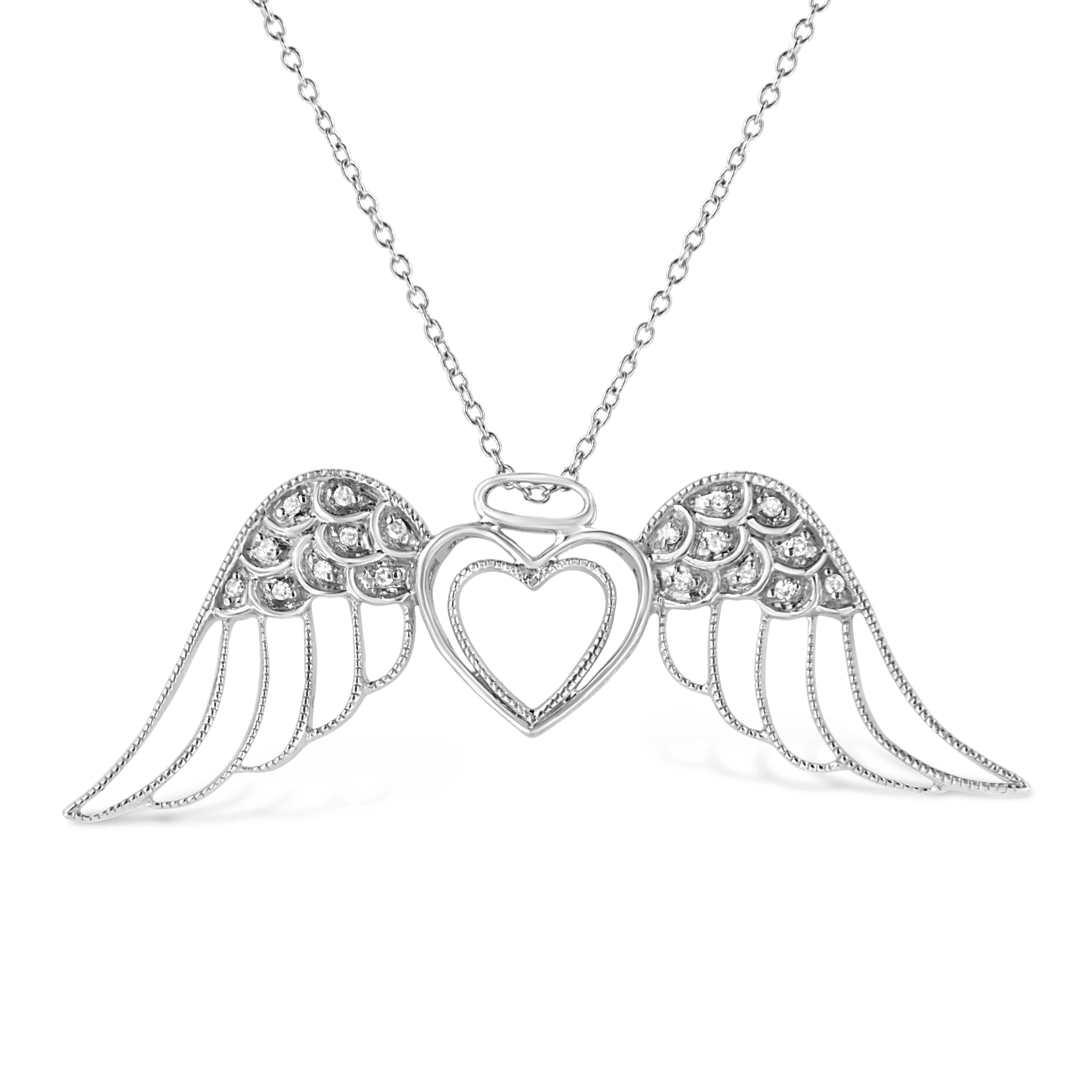 .925 Sterling Silver Pave-Set Diamond Accent Angel Wing 18" Double Heart Pendant Necklace I-J Color, I1-I2 Clarity on sale at MyriadMart