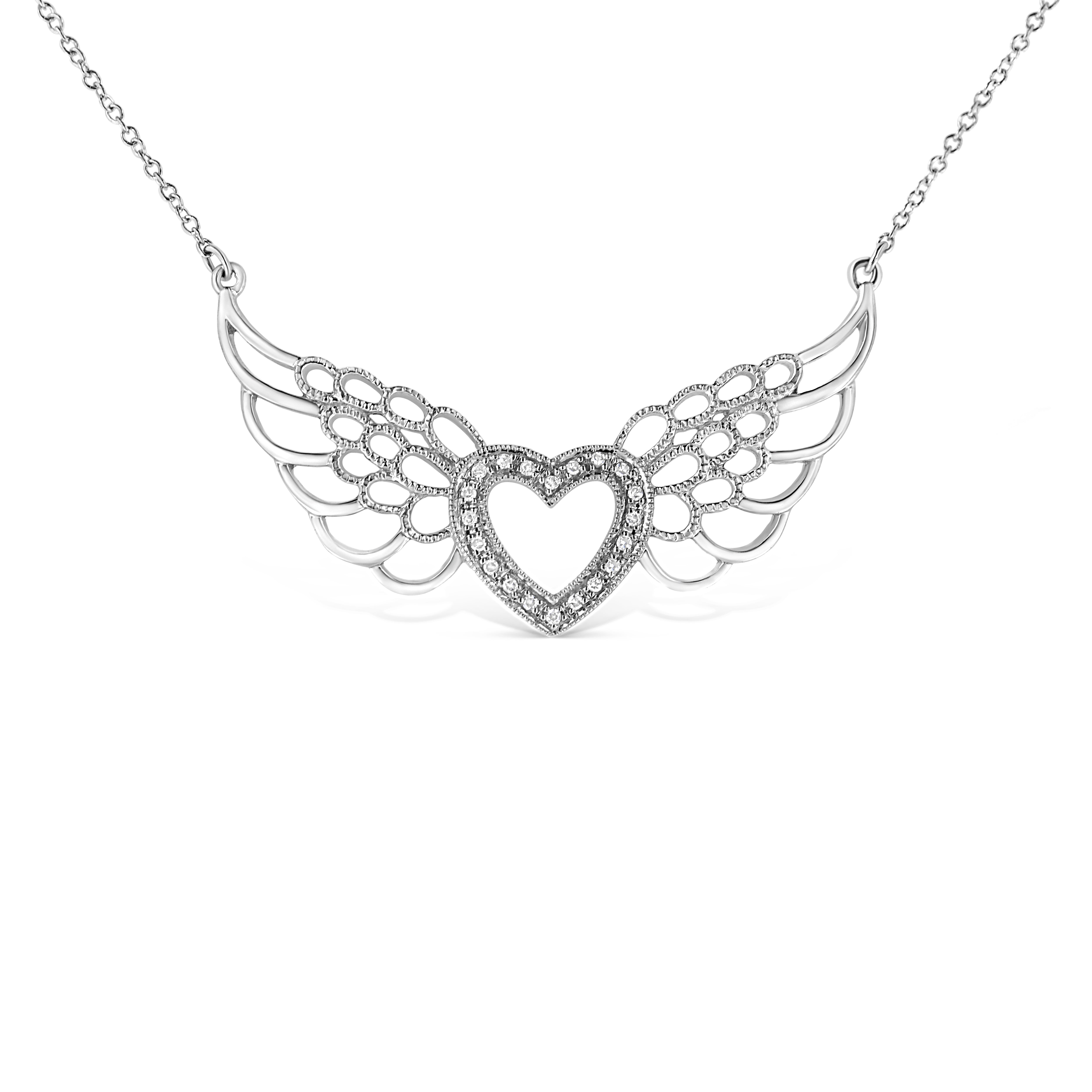 .925 Sterling Silver Pave-Set Diamond Accent Fairy Wing 18" Heart Pendant Necklace I-J Color, I1-I2 Clarity on sale at MyriadMart
