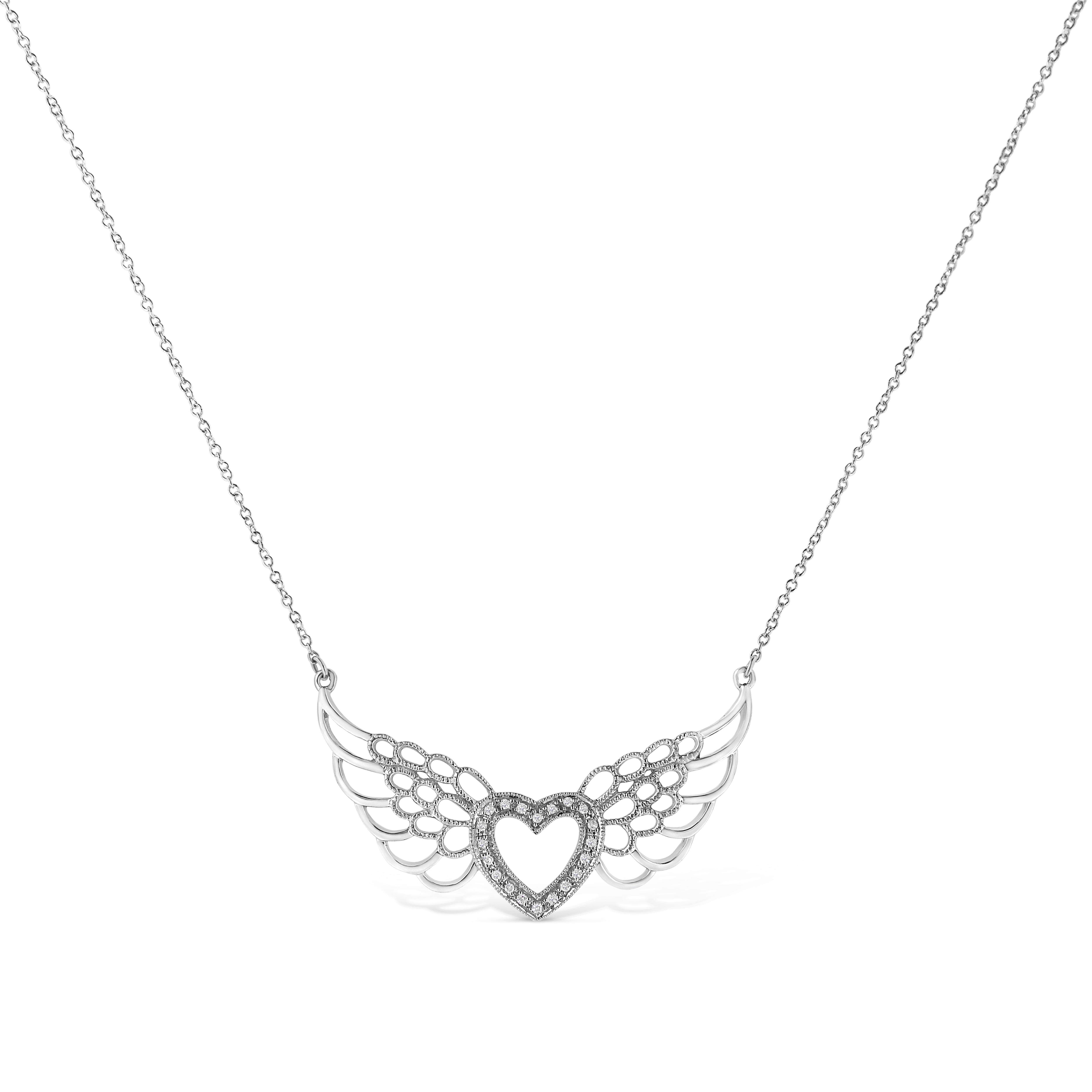 .925 Sterling Silver Pave-Set Diamond Accent Fairy Wing 18" Heart Pendant Necklace I-J Color, I1-I2 Clarity on sale at MyriadMart