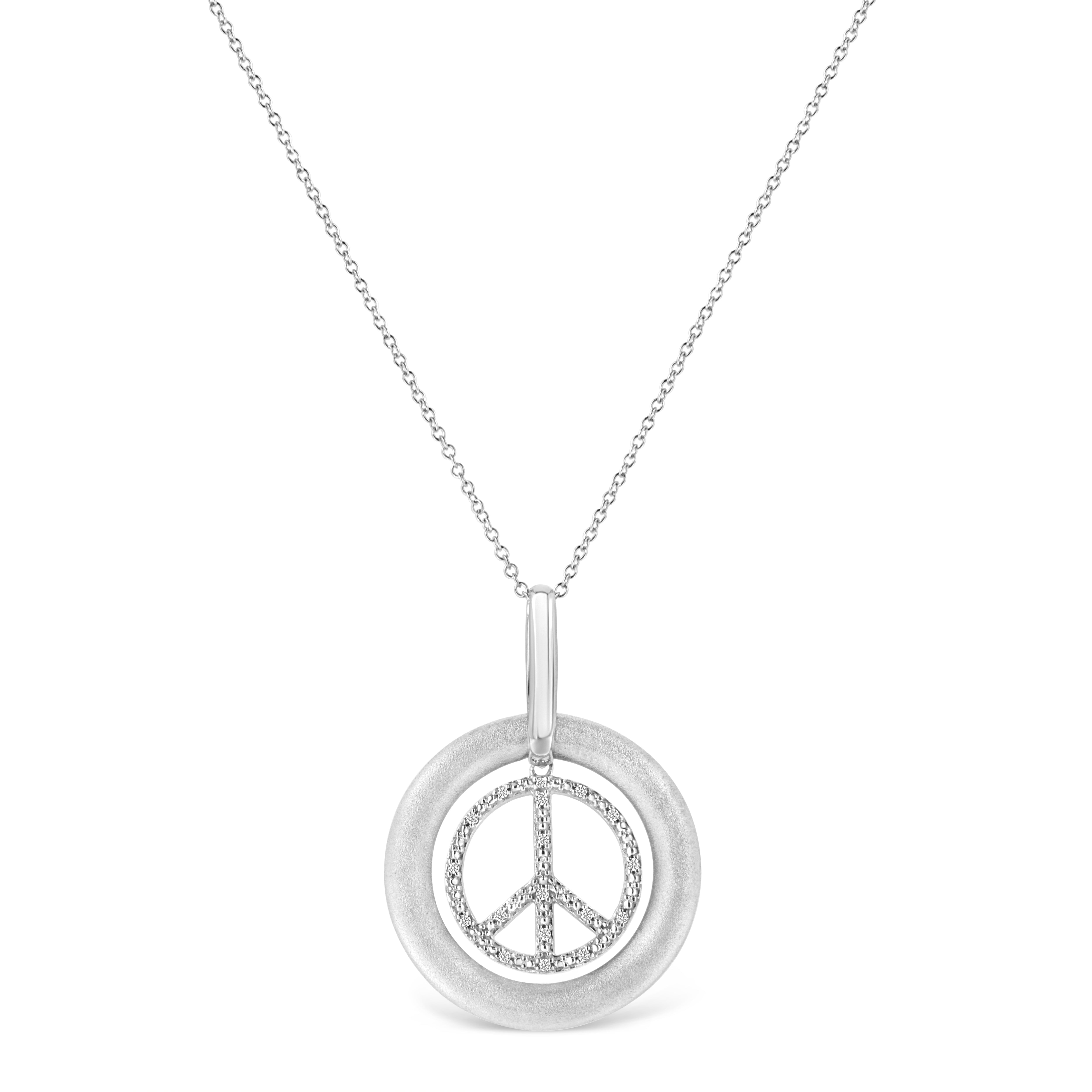 Matte Finish .925 Sterling Silver Diamond Accent Dancing Peace Sign 18" Pendant Necklace I-J Color, I1-I2 Clarity on sale at MyriadMart