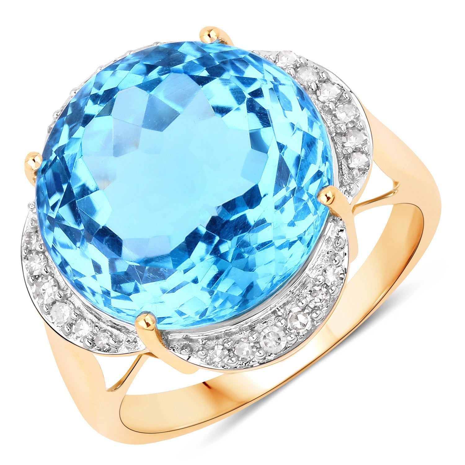 12.69 Carat Genuine Swiss Blue Topaz and White Diamond 14K Yellow Gold Ring on sale at MyriadMart