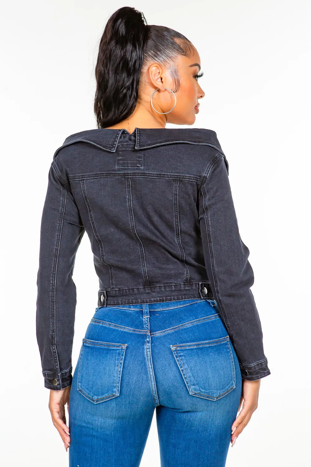 American Bazi Off Shoulder Lace Up Denim Jacket - MyriadMart