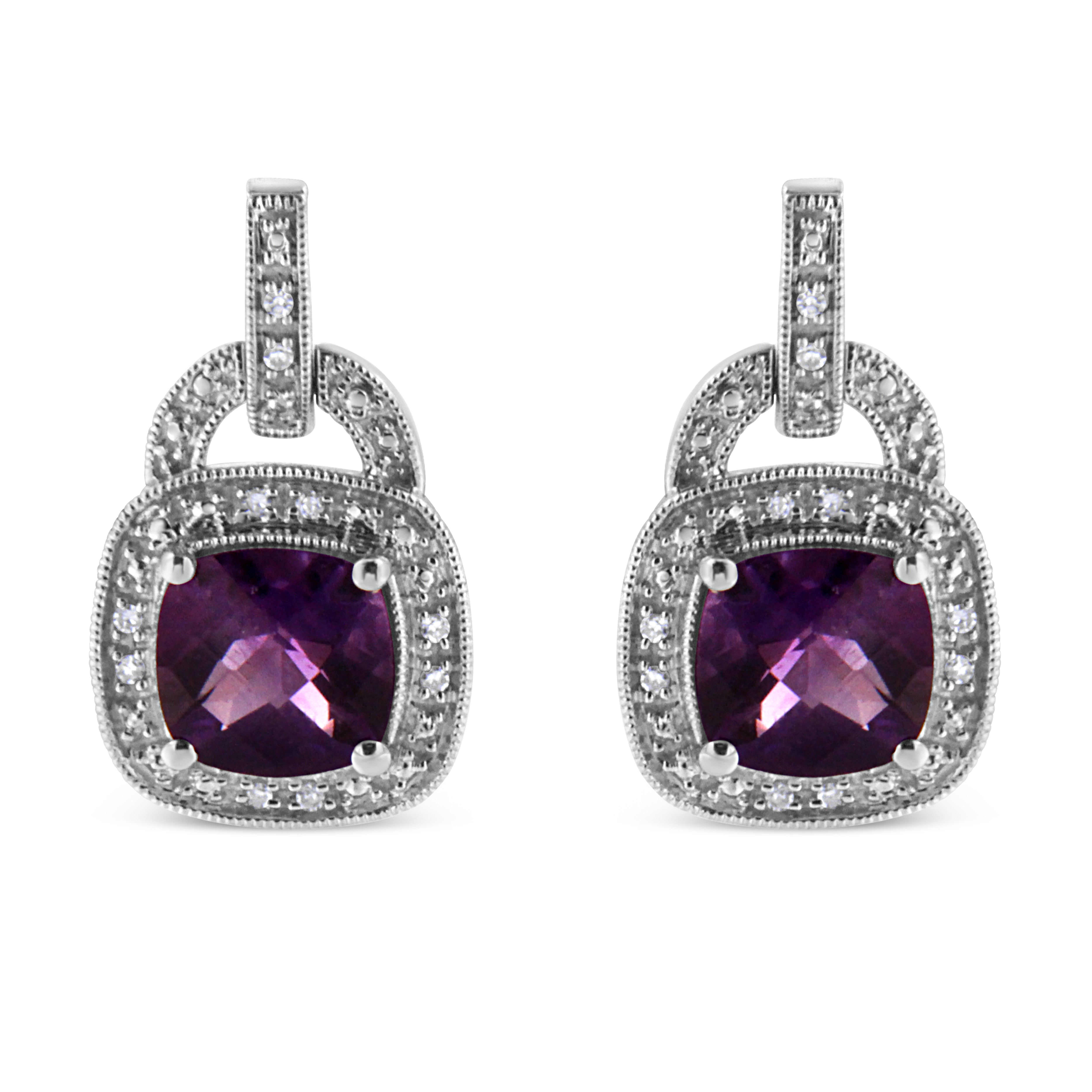.925 Sterling Silver 8MM Natural Cushion Shaped Amethyst and Diamond Accent Halo with Push Back Dangle Earrings I-J Color, I2-I3 Clarity on sale at MyriadMart