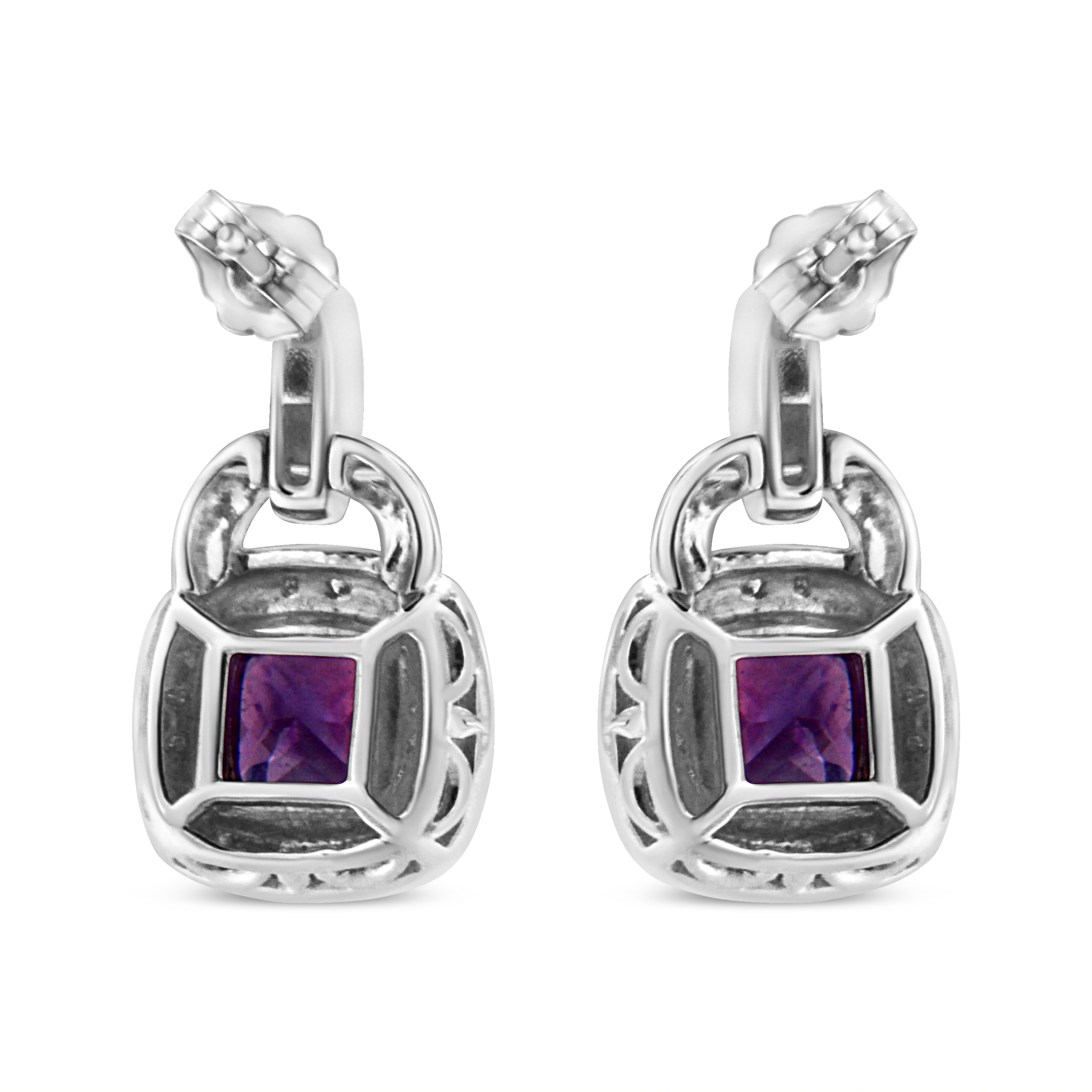 .925 Sterling Silver 8MM Natural Cushion Shaped Amethyst and Diamond Accent Halo with Push Back Dangle Earrings I-J Color, I2-I3 Clarity on sale at MyriadMart