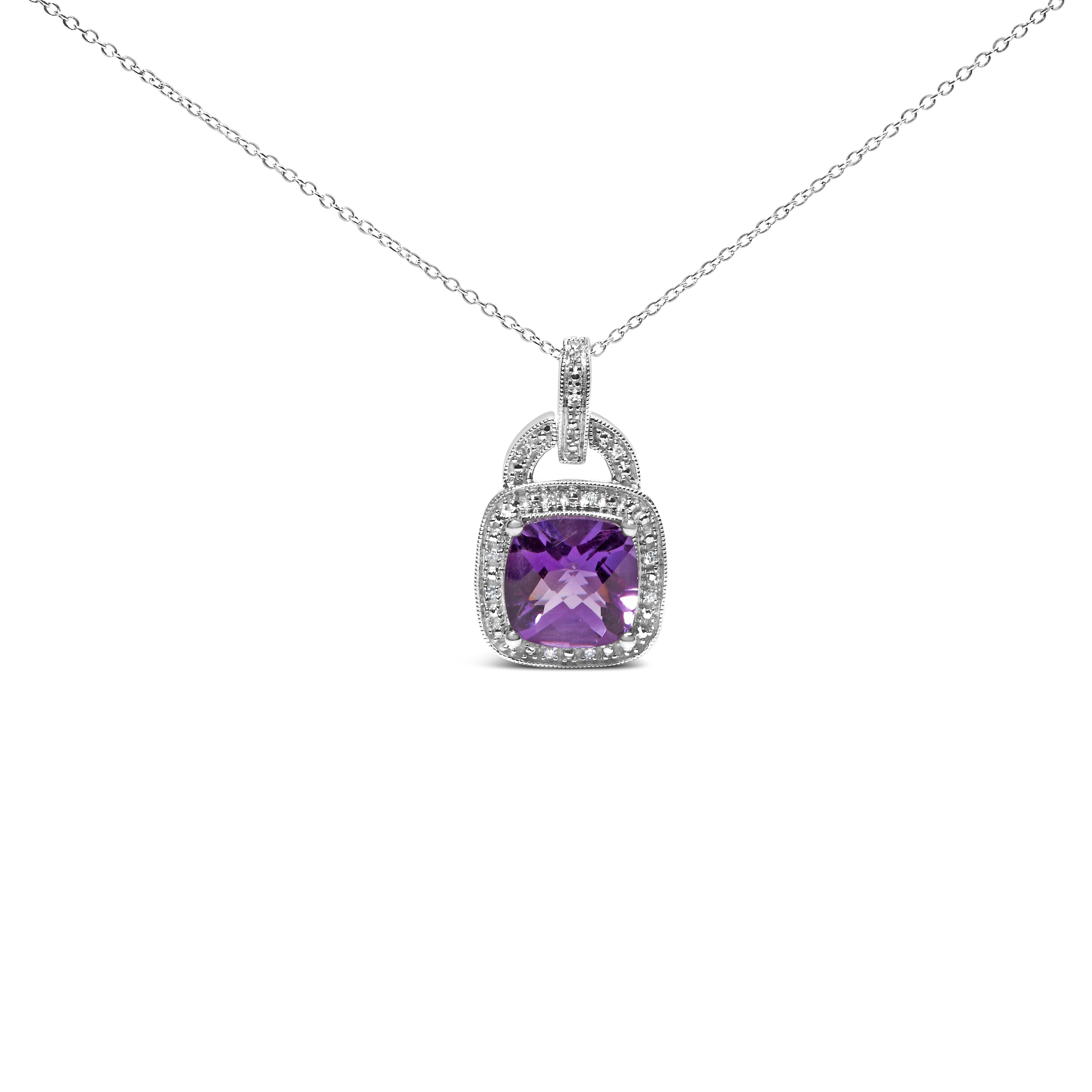 .925 Sterling Silver 10X10 MM Cushion Purple Amethyst and Diamond Accent Halo 18" Pendant Necklace I-J Color, I1-I2 Clarity on sale at MyriadMart