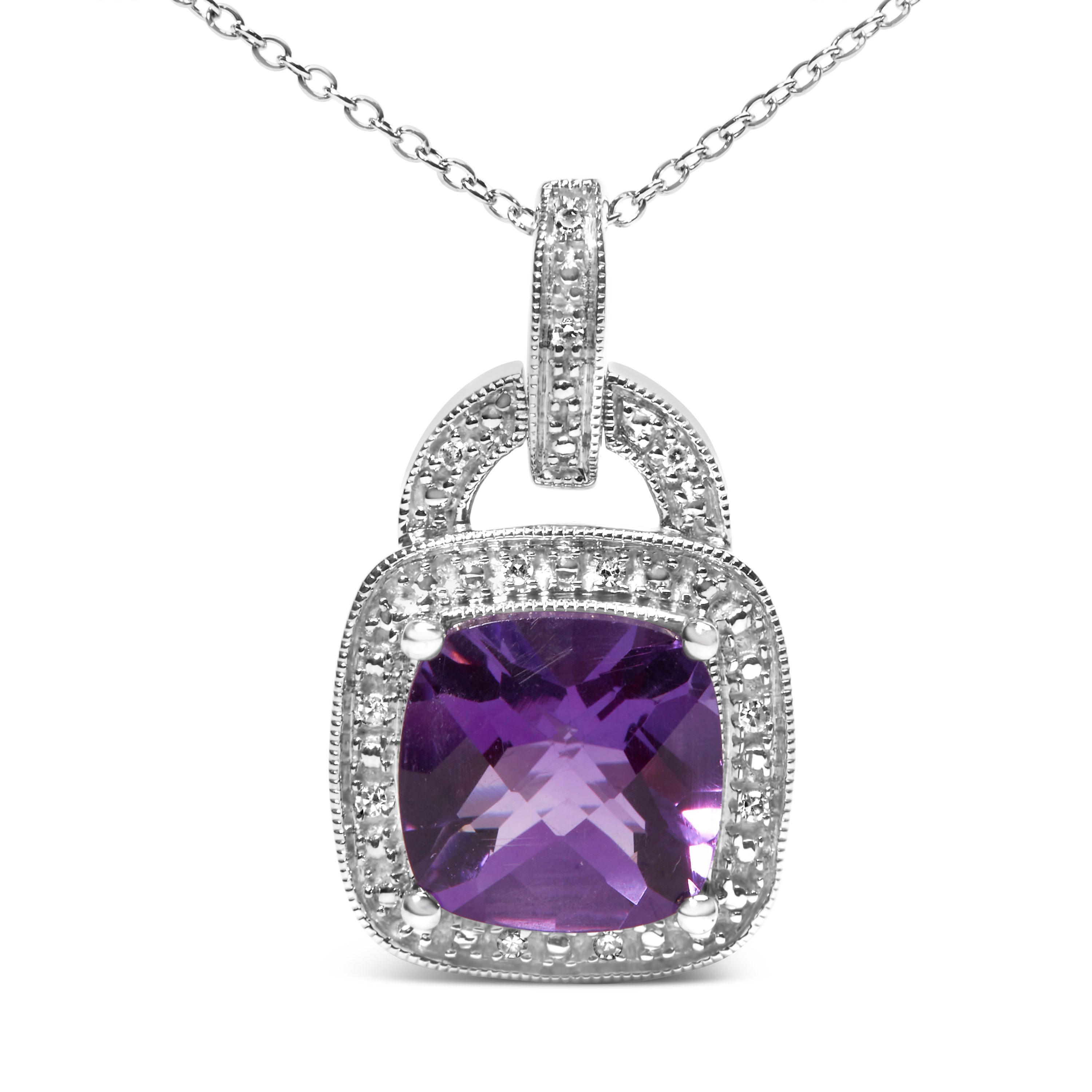 .925 Sterling Silver 10X10 MM Cushion Purple Amethyst and Diamond Accent Halo 18" Pendant Necklace I-J Color, I1-I2 Clarity on sale at MyriadMart
