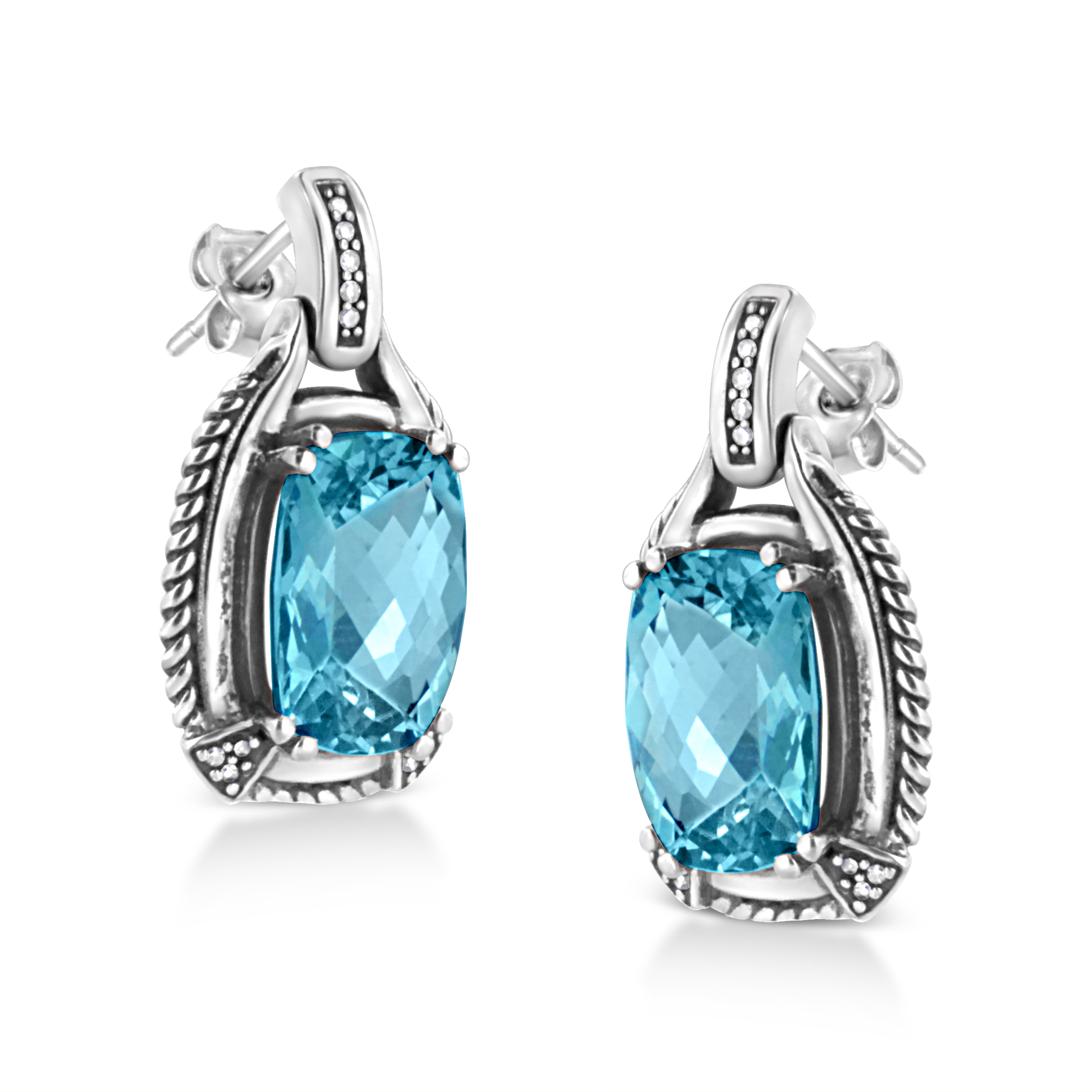 .925 Sterling Silver 14x10MM Cushion Cut Blue Topaz Gemstone and Diamond Accent Dangle Earring I-J Color, I1-I2 Clarity on sale at MyriadMart