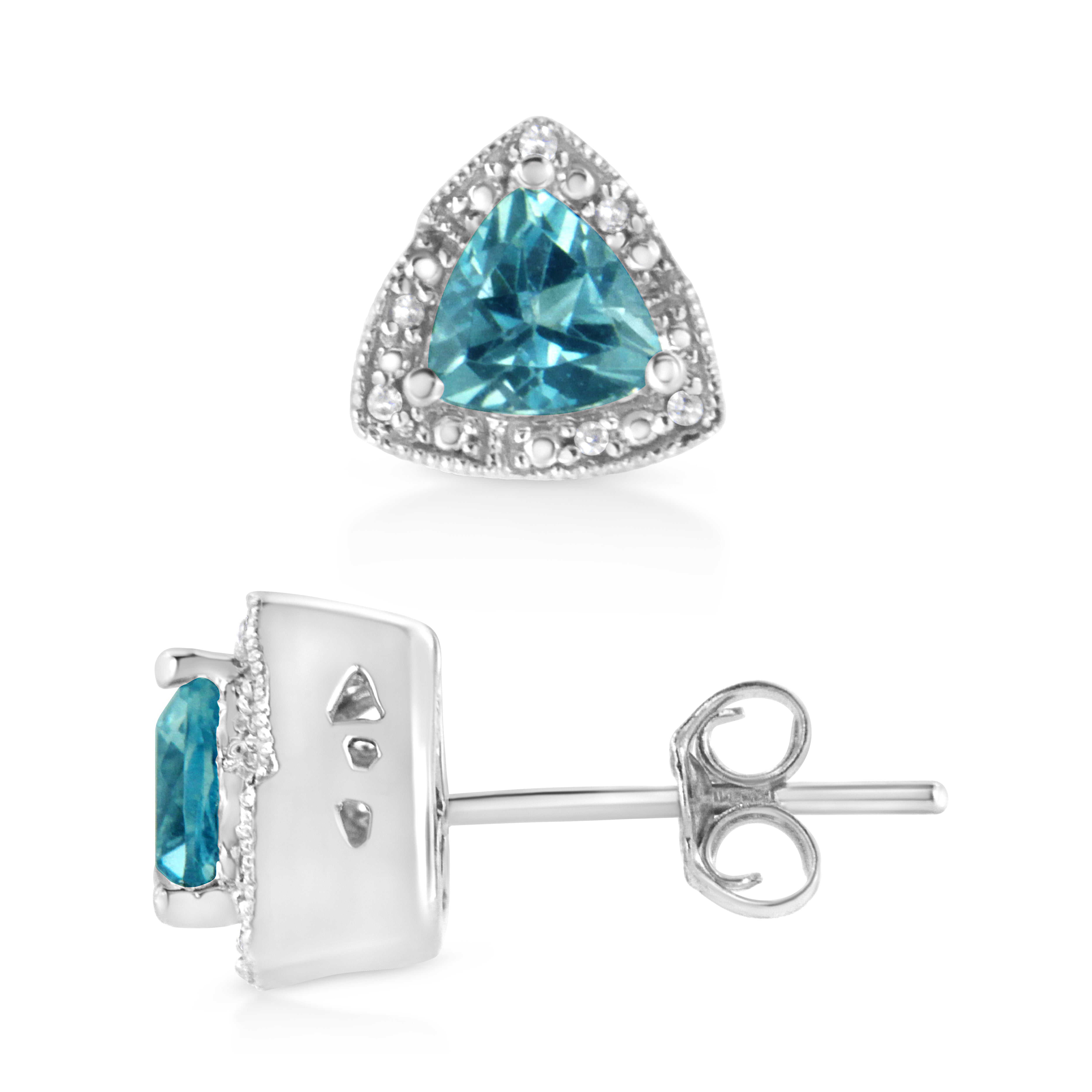 .925 Sterling Silver 6x6 mm Trillion Cut Blue Topaz Gemstone and Diamond Accent Stud Earring I-J Color, I1-I2 Clarity on sale at MyriadMart