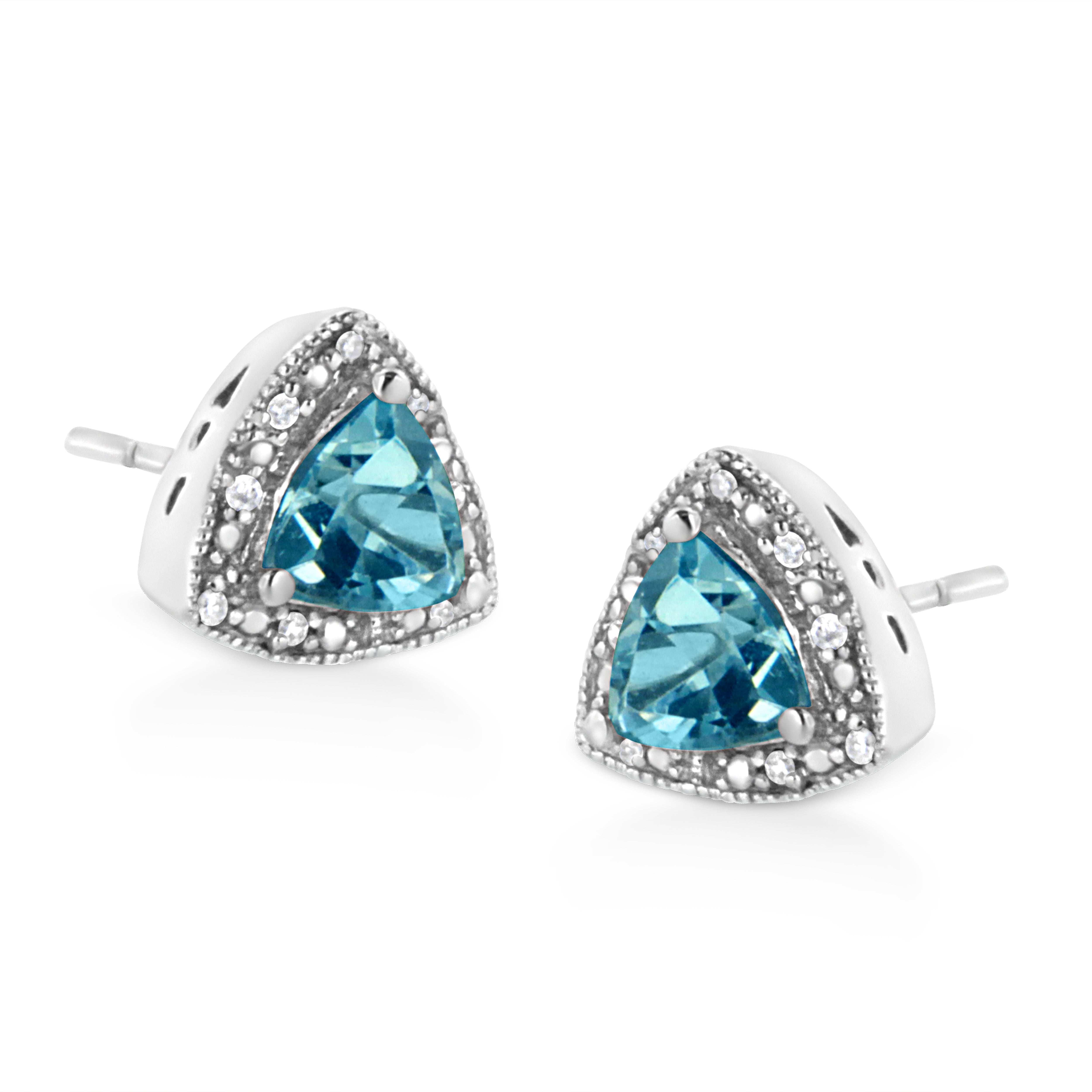.925 Sterling Silver 6x6 mm Trillion Cut Blue Topaz Gemstone and Diamond Accent Stud Earring I-J Color, I1-I2 Clarity on sale at MyriadMart