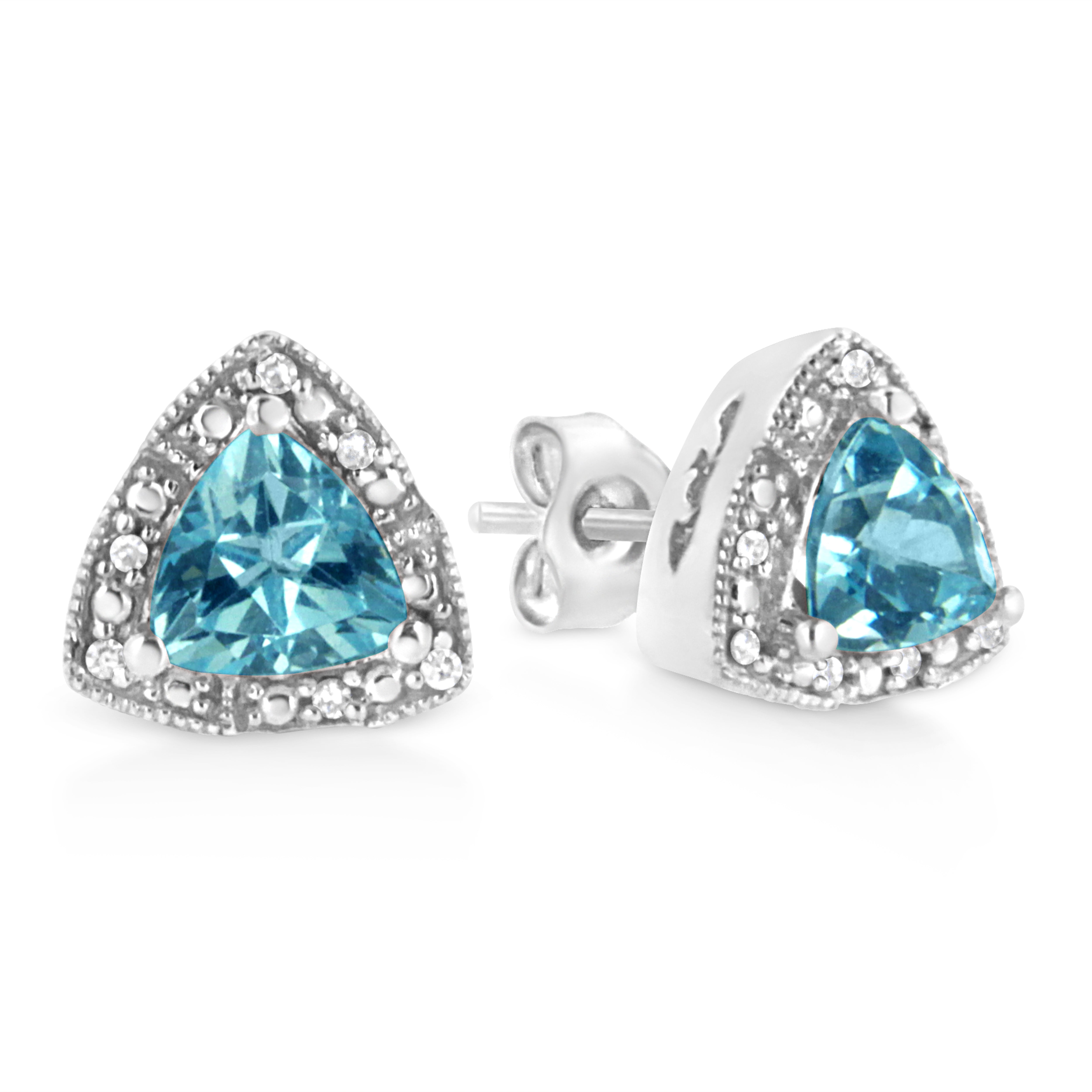 .925 Sterling Silver 6x6 mm Trillion Cut Blue Topaz Gemstone and Diamond Accent Stud Earring I-J Color, I1-I2 Clarity on sale at MyriadMart