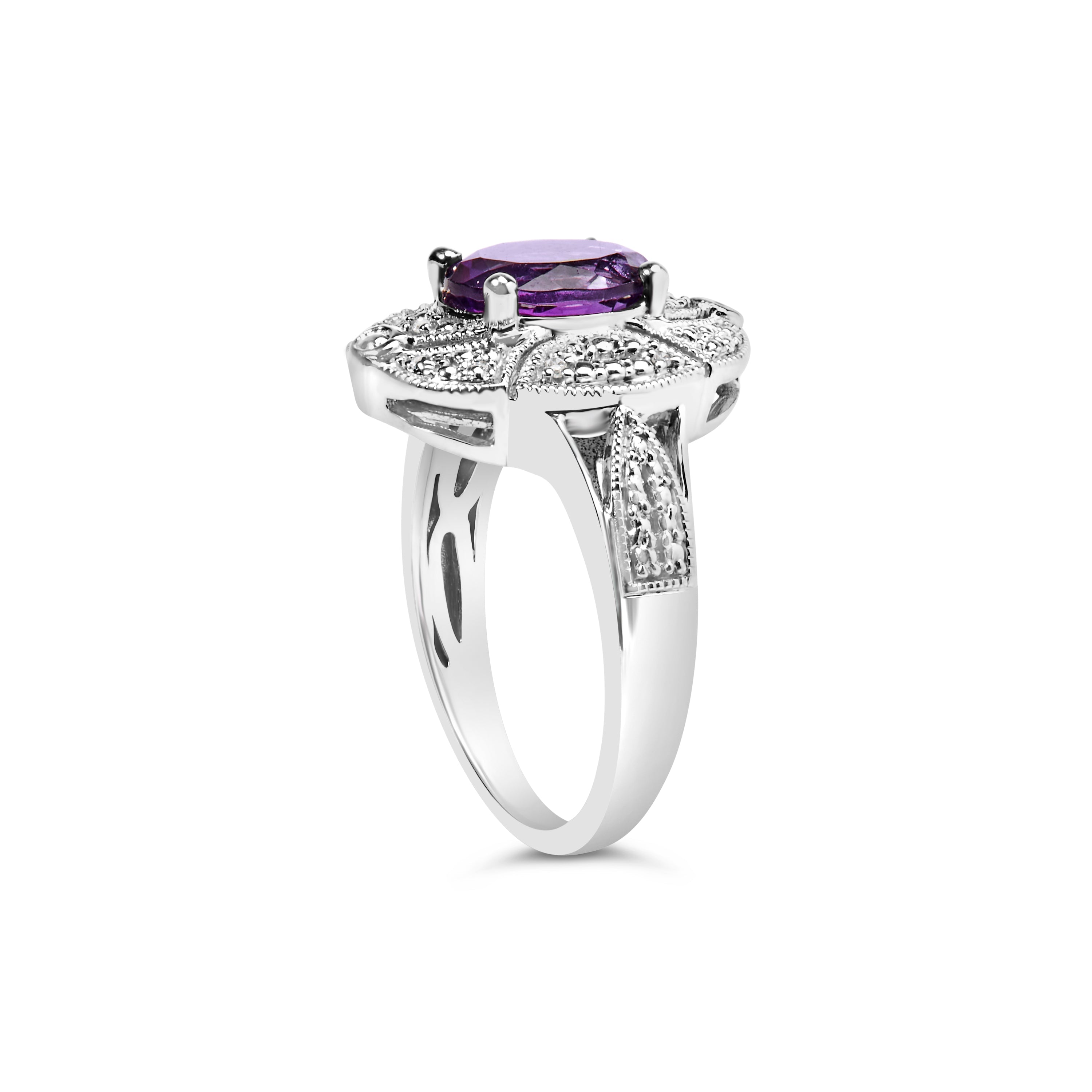 .925 Sterling Silver 9x7mm Oval Purple Amethyst and Diamond Accent Art Deco Style Cocktail Ring I-J Color, I1-I2 Clarity - Size 6 on sale at MyriadMart