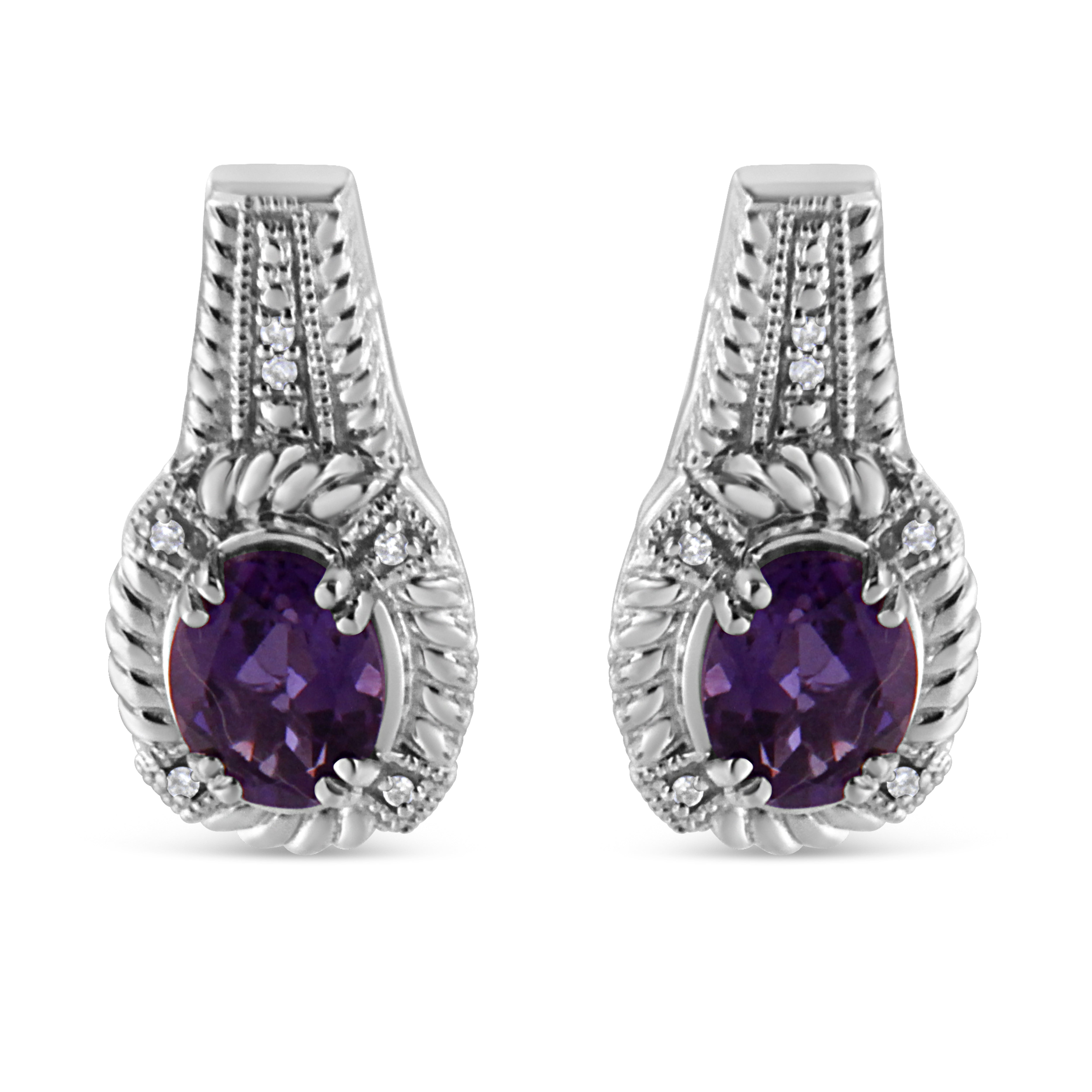 .925 Sterling Silver 8x6 MM Natural Oval Purple Amethyst Gemstone and Diamond Accent Art Deco Style Drop and Dangle Earrings I-J Color, I1-I2 Clarity on sale at MyriadMart