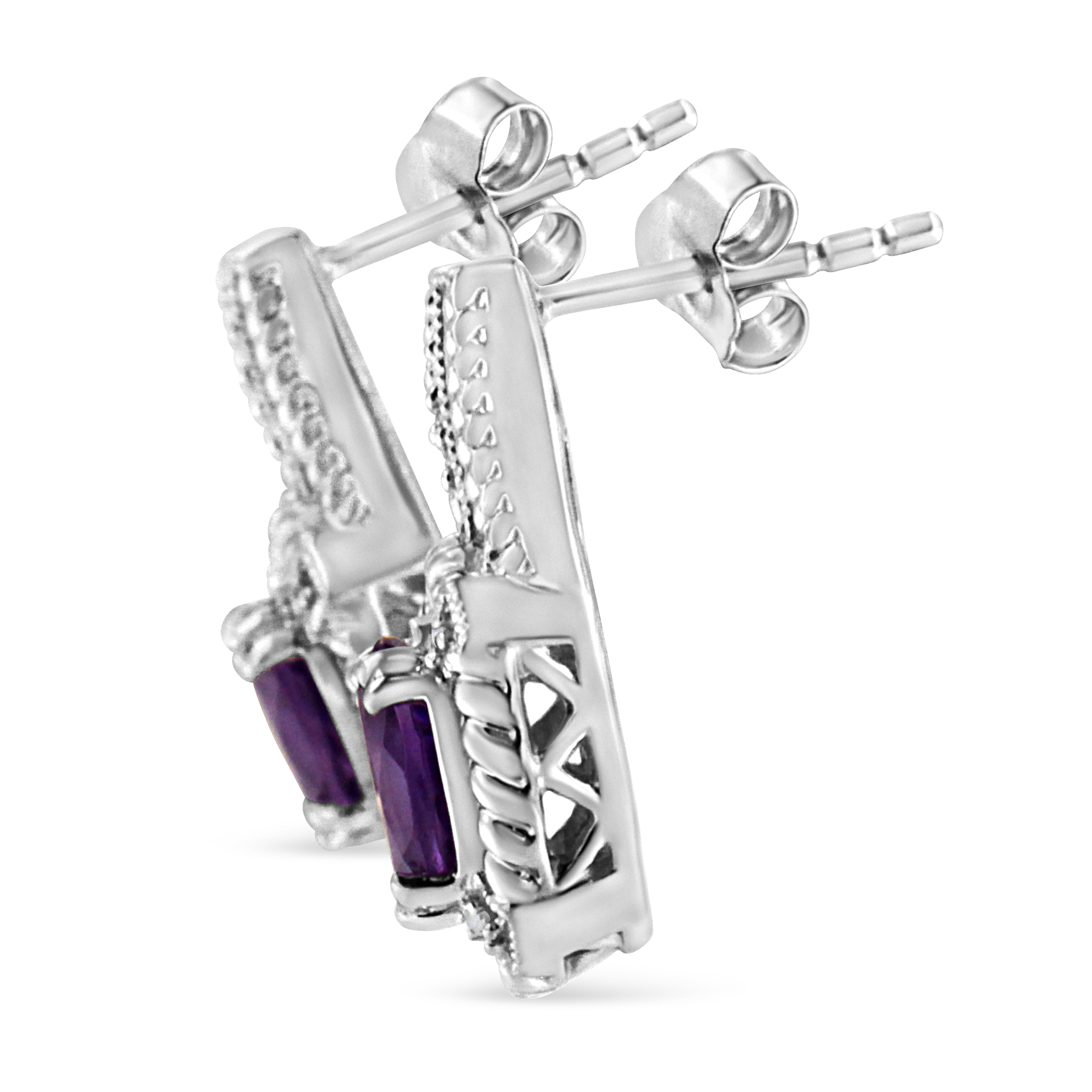 .925 Sterling Silver 8x6 MM Natural Oval Purple Amethyst Gemstone and Diamond Accent Art Deco Style Drop and Dangle Earrings I-J Color, I1-I2 Clarity on sale at MyriadMart