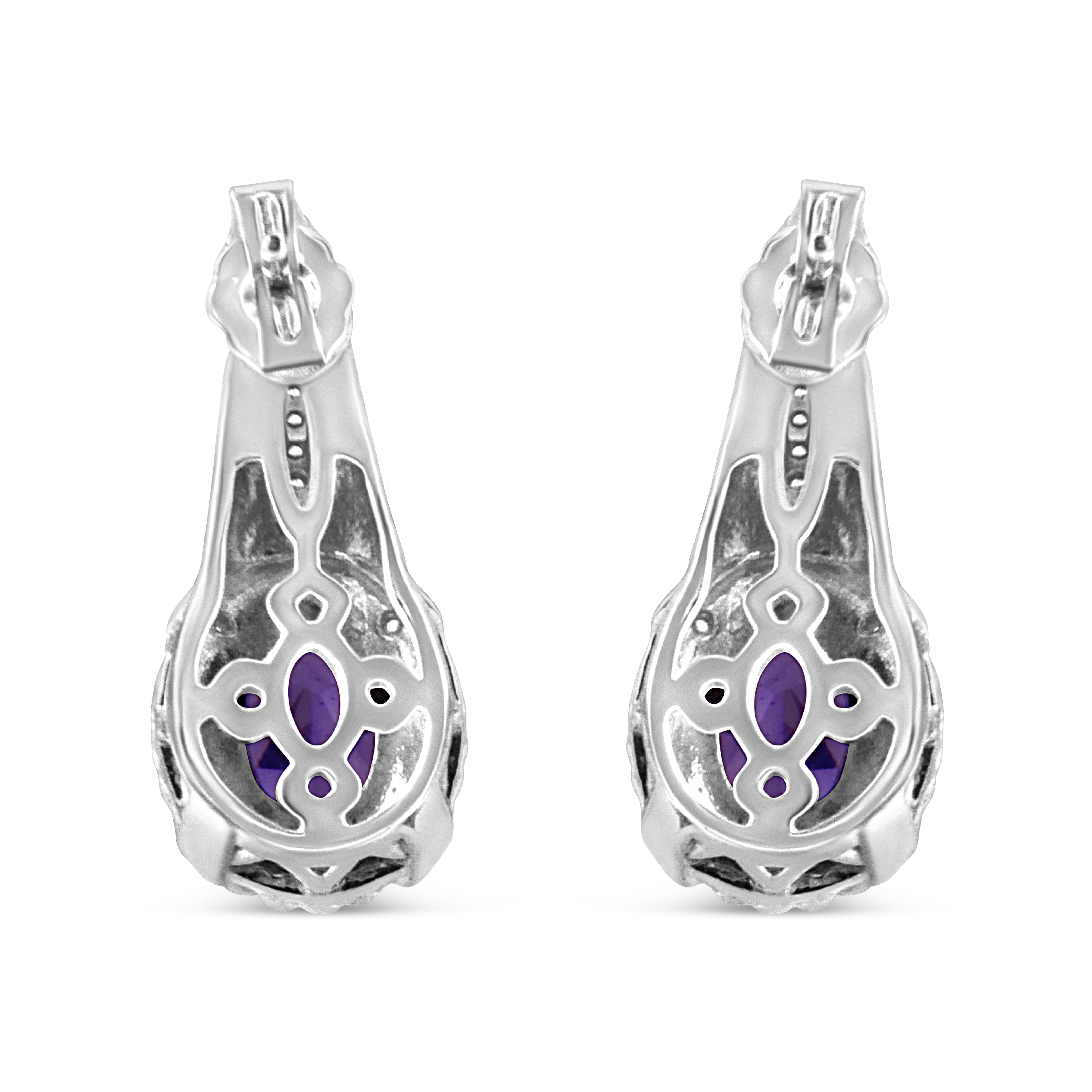 .925 Sterling Silver 8x6 MM Natural Oval Purple Amethyst Gemstone and Diamond Accent Art Deco Style Drop and Dangle Earrings I-J Color, I1-I2 Clarity on sale at MyriadMart