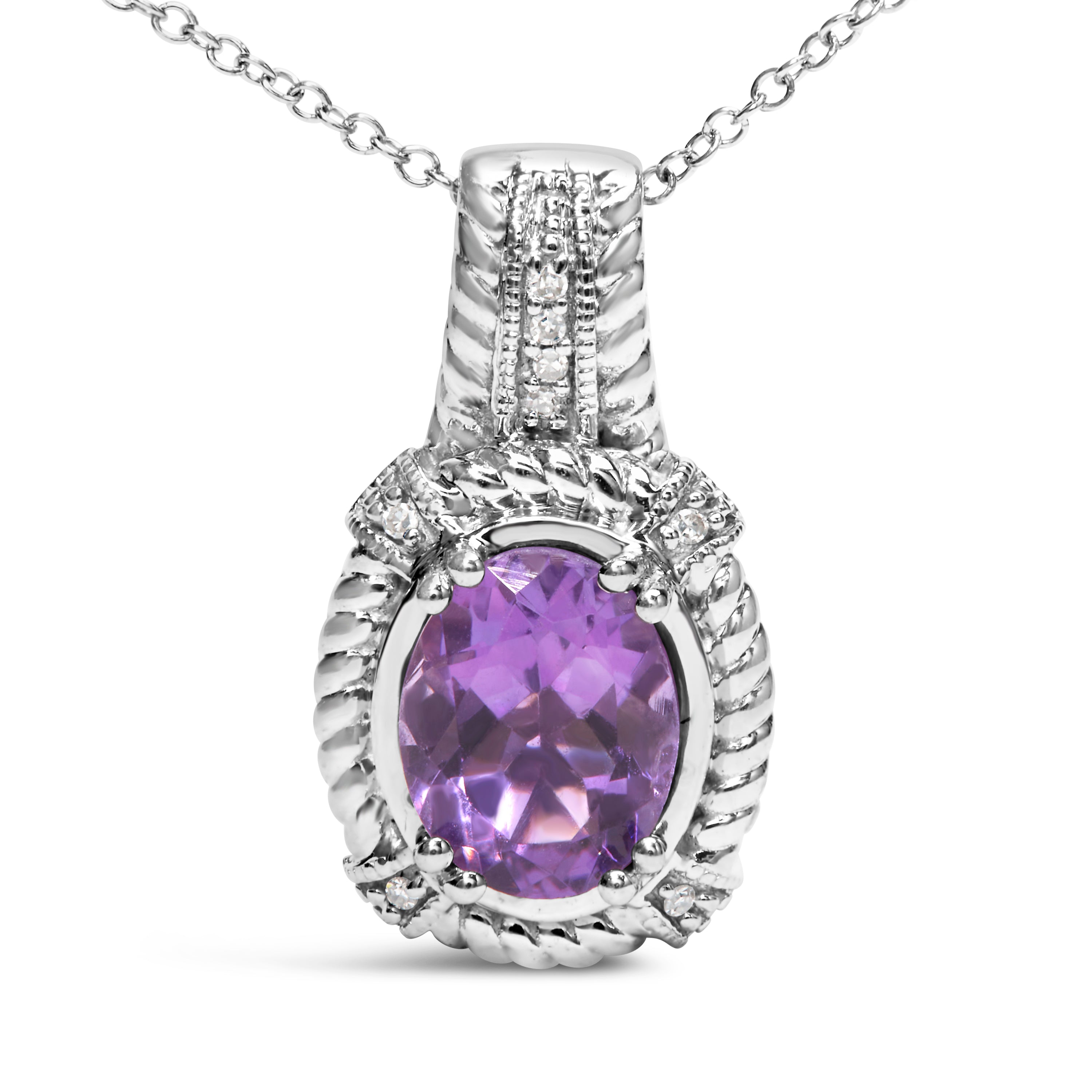 .925 Sterling Silver 9x7mm Oval Purple Amethyst and Round Diamond Accent Fashion Drop Pendant 18 Inch Necklace I-J Color, I1-I2 Clarity on sale at MyriadMart