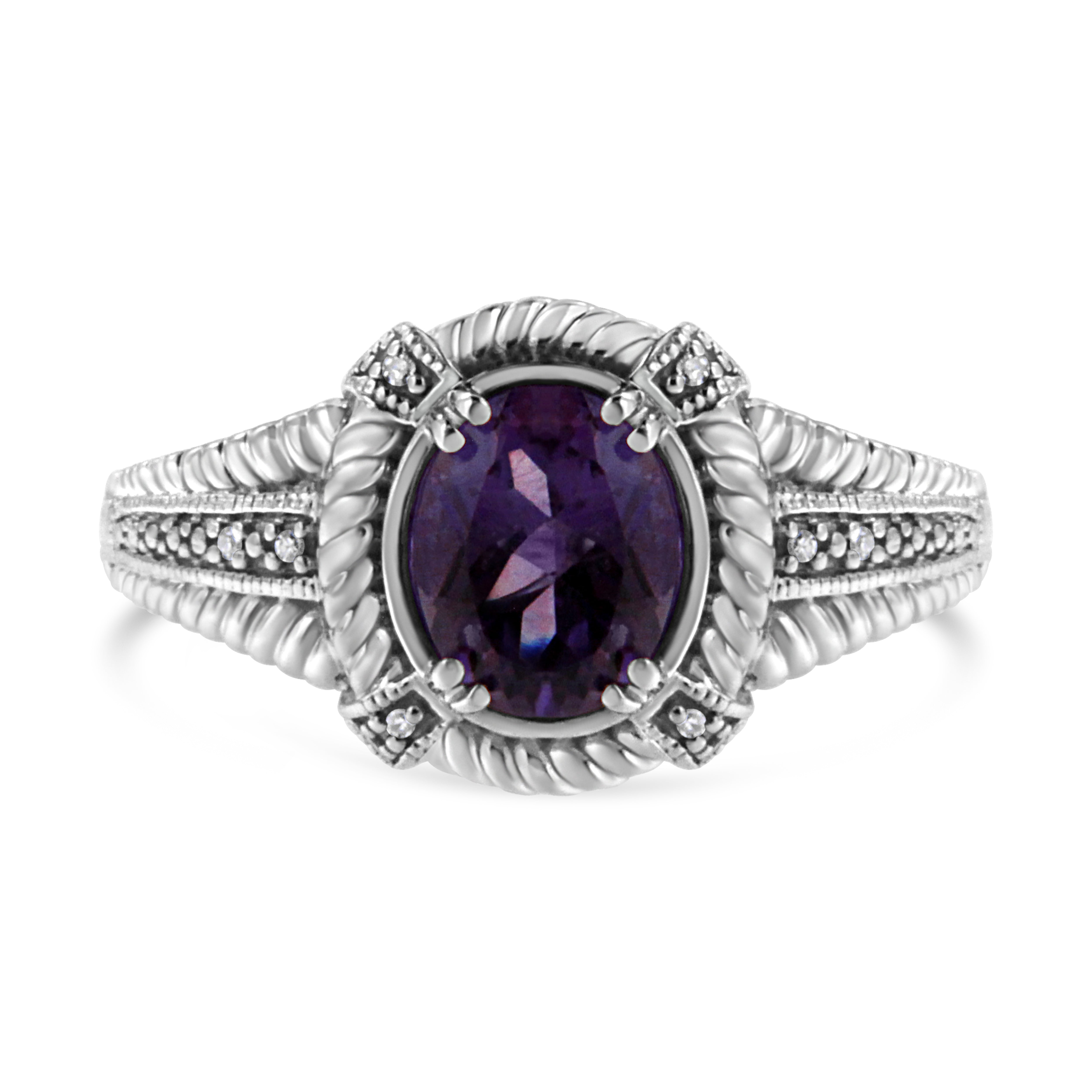 .925 Sterling Silver Prong Set Natural Oval Shape 9X7 MM Purple Amethyst Solitaire and Diamond Accent Ring I-J Color, I1-I2 Clarity - Ring Size 7 on sale at MyriadMart