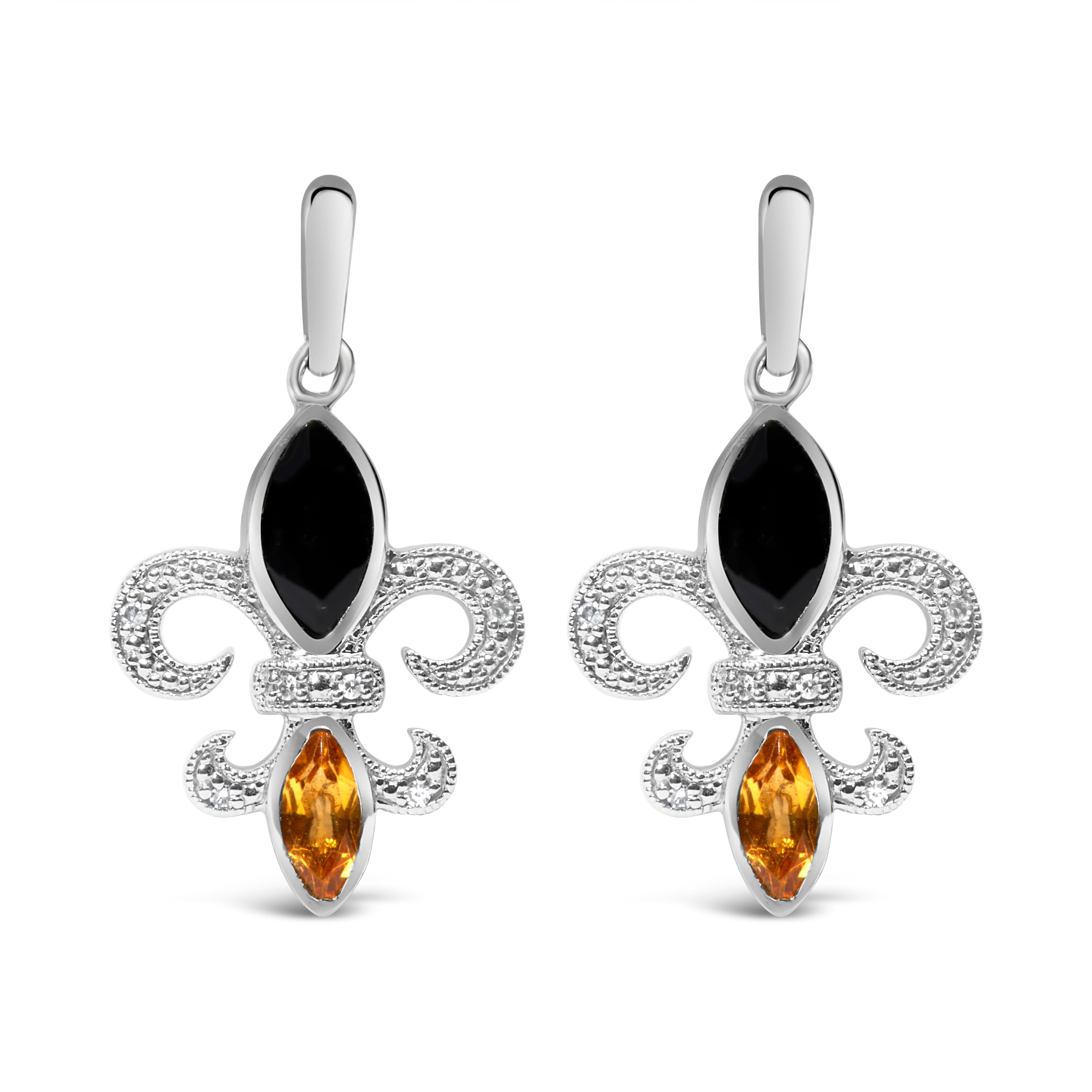 .925 Sterling Silver Marquise Cut Onyx and Citrine with Diamond Accent Fleur De Lis Drop Stud Earrings H-I Color, SI1-SI2 Clarity on sale at MyriadMart