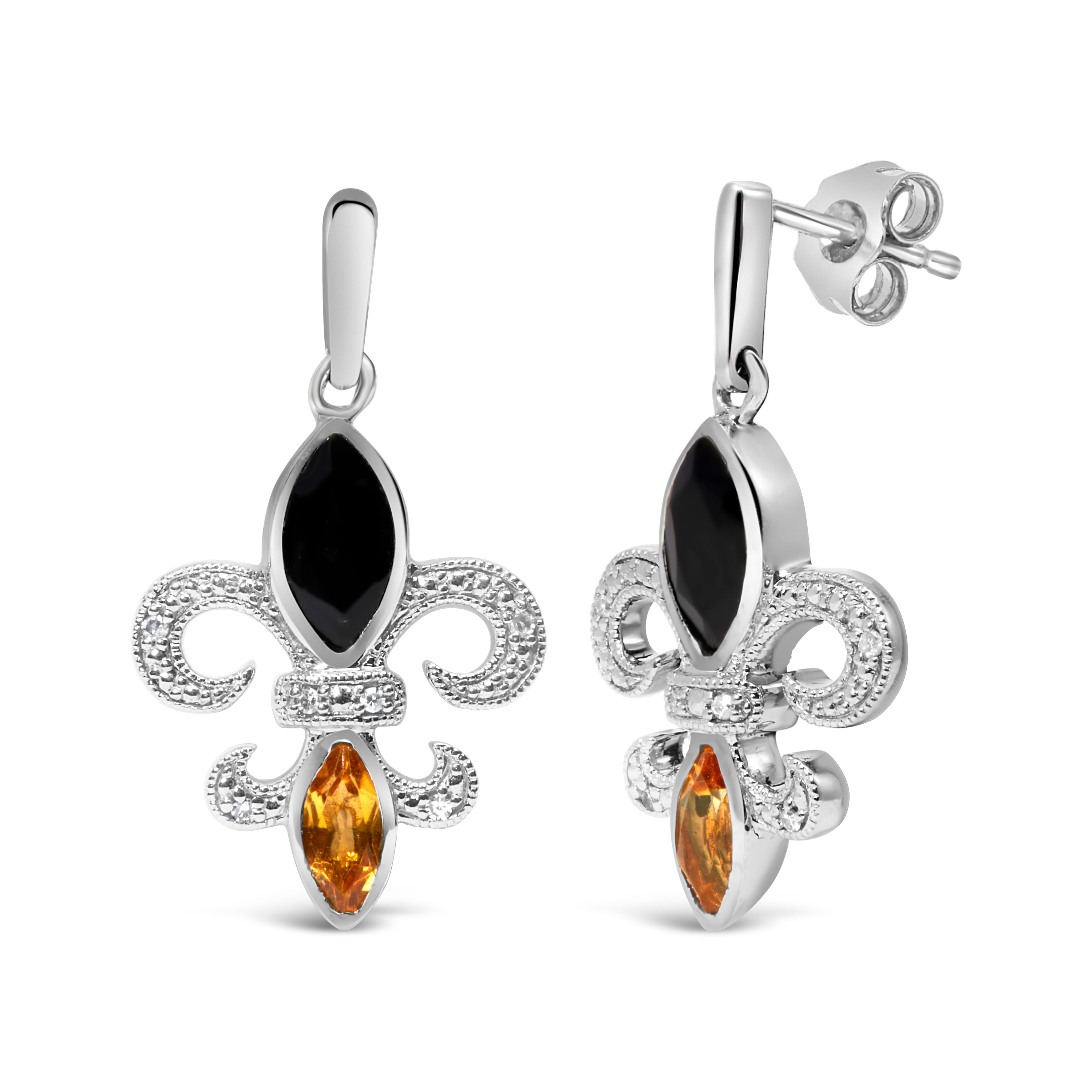 .925 Sterling Silver Marquise Cut Onyx and Citrine with Diamond Accent Fleur De Lis Drop Stud Earrings H-I Color, SI1-SI2 Clarity on sale at MyriadMart
