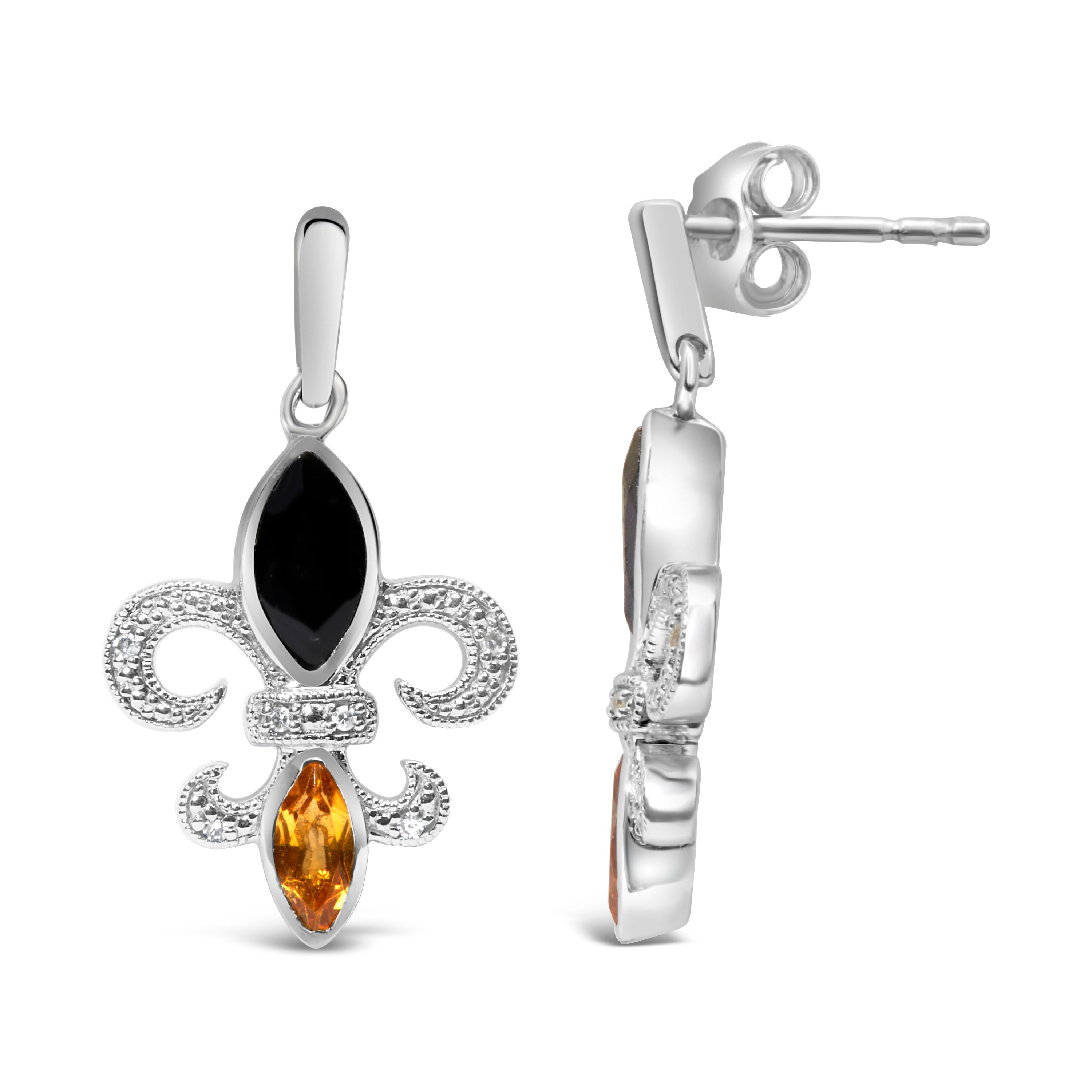 .925 Sterling Silver Marquise Cut Onyx and Citrine with Diamond Accent Fleur De Lis Drop Stud Earrings H-I Color, SI1-SI2 Clarity on sale at MyriadMart