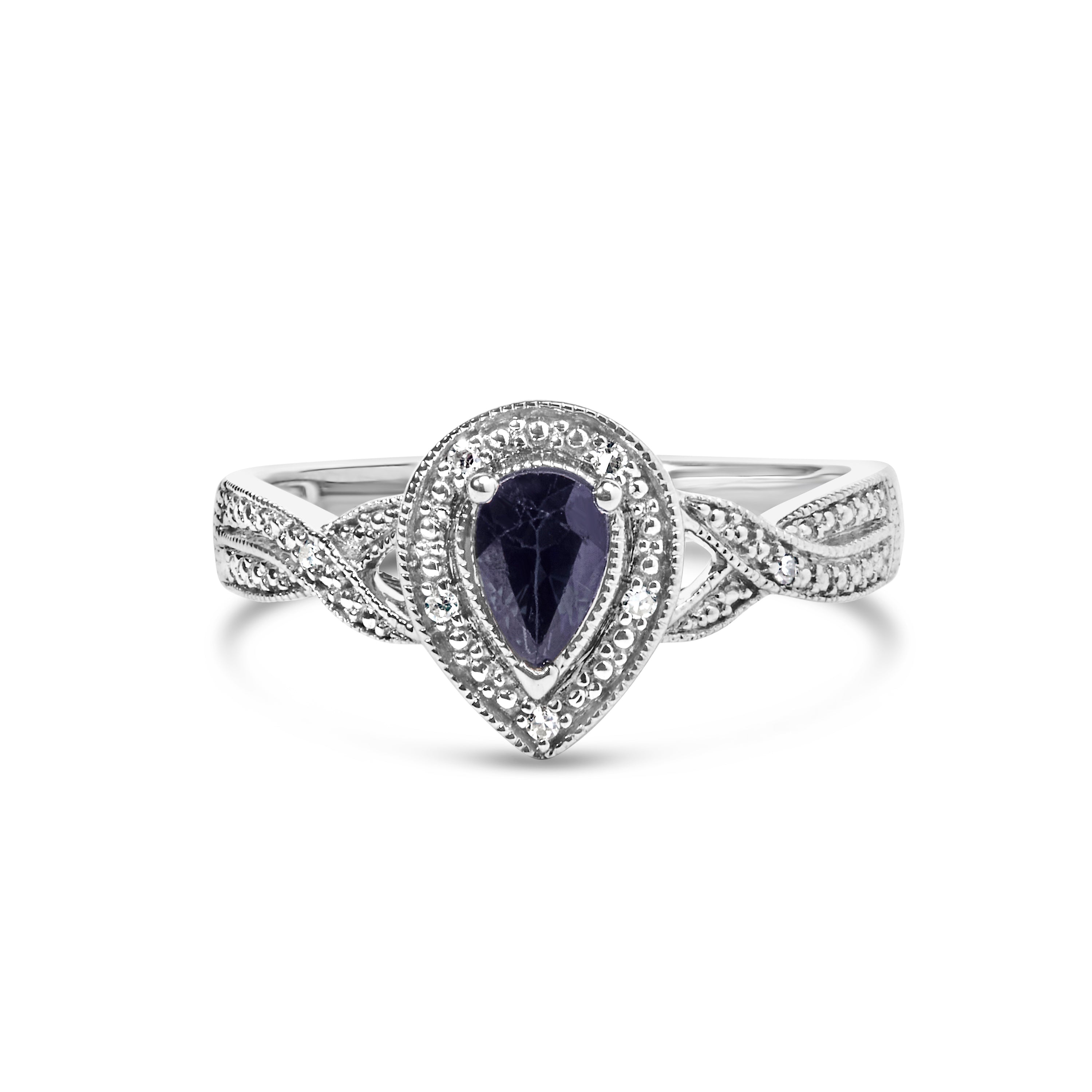 .925 Sterling Silver 6x4mm Pear Sapphire Gemstone with Diamond Accent Fashion Halo Ring H-I Color, SI1-SI2 Clarity - Size 7.5 on sale at MyriadMart