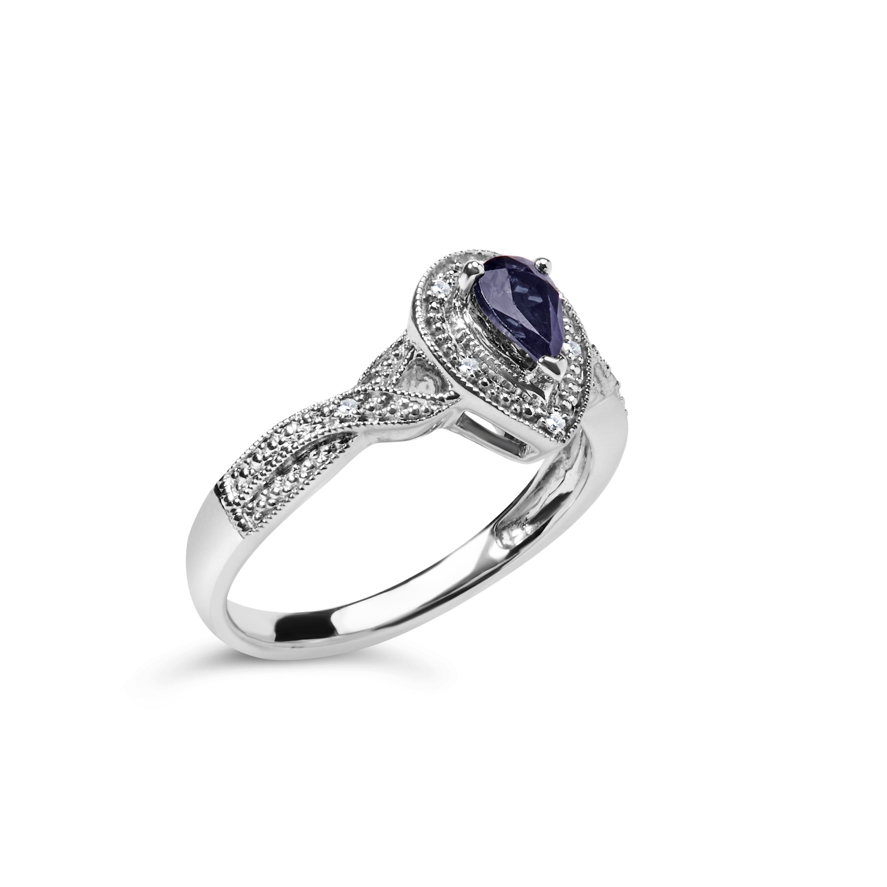 .925 Sterling Silver 6x4mm Pear Sapphire Gemstone with Diamond Accent Fashion Halo Ring H-I Color, SI1-SI2 Clarity - Size 7.5 on sale at MyriadMart
