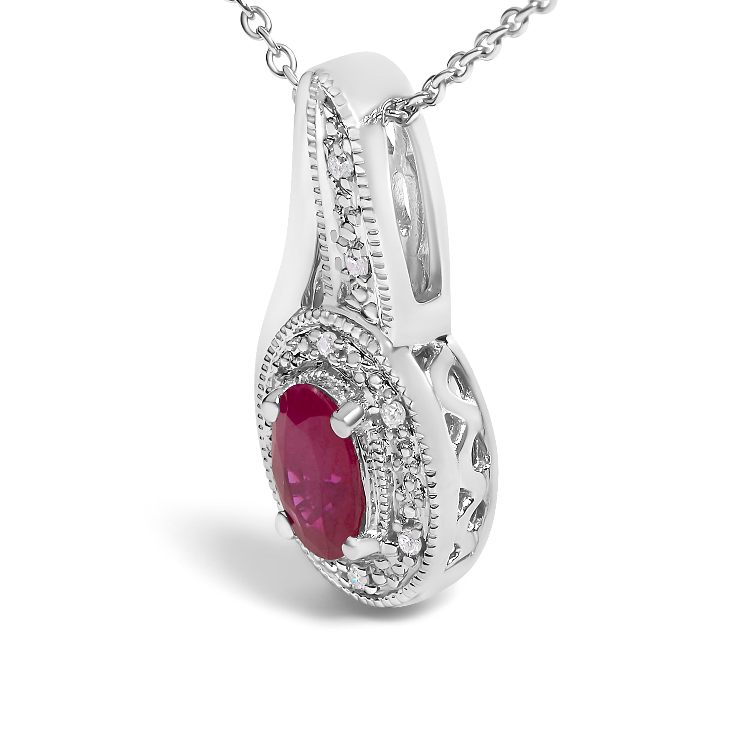 .925 Sterling Silver Red Ruby and Diamond Accent Milgrain Swirl Pendant Necklace - 18" Inches on sale at MyriadMart