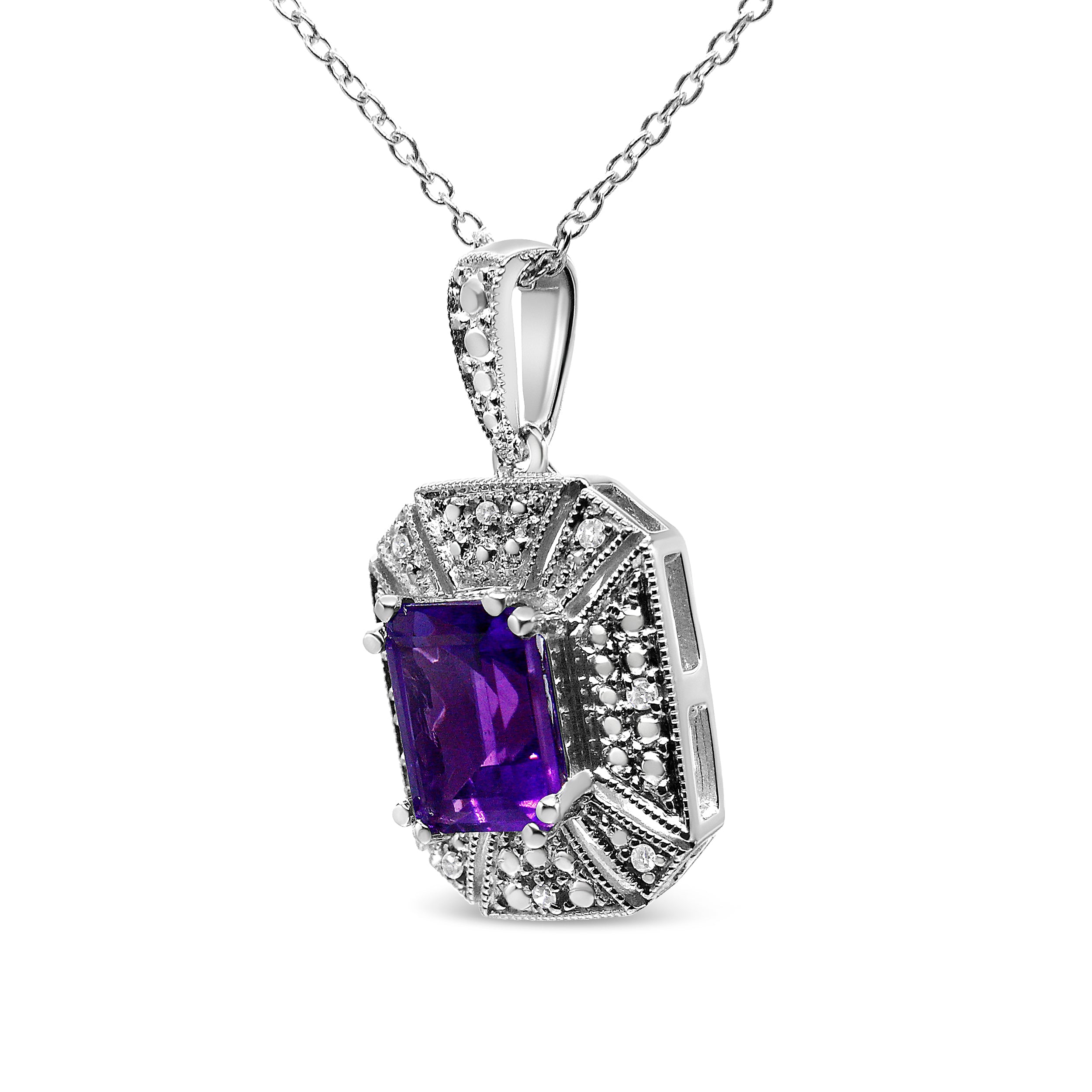 .925 Sterling Silver Purple Amethyst and Diamond Accent Art Deco Style 18" Pendant Necklace I-J Color, I1-I2 Clarity on sale at MyriadMart