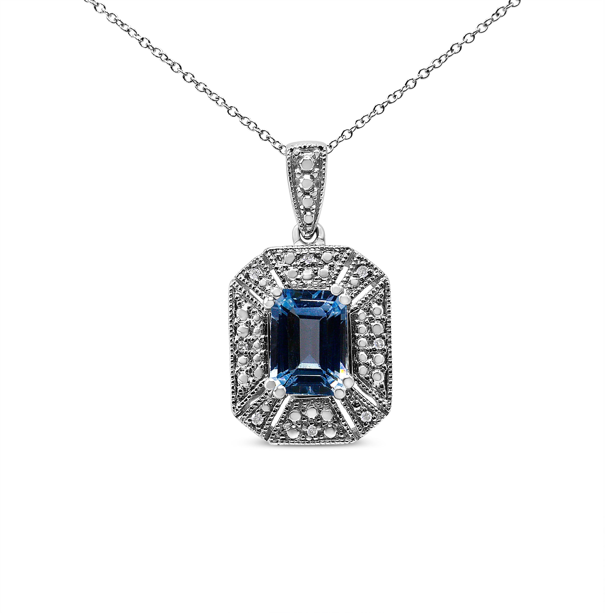 .925 Sterling Silver Blue Topaz and Diamond Accent Art Deco Style 18" Pendant Necklace I-J Color, I1-I2 Clarity on sale at MyriadMart