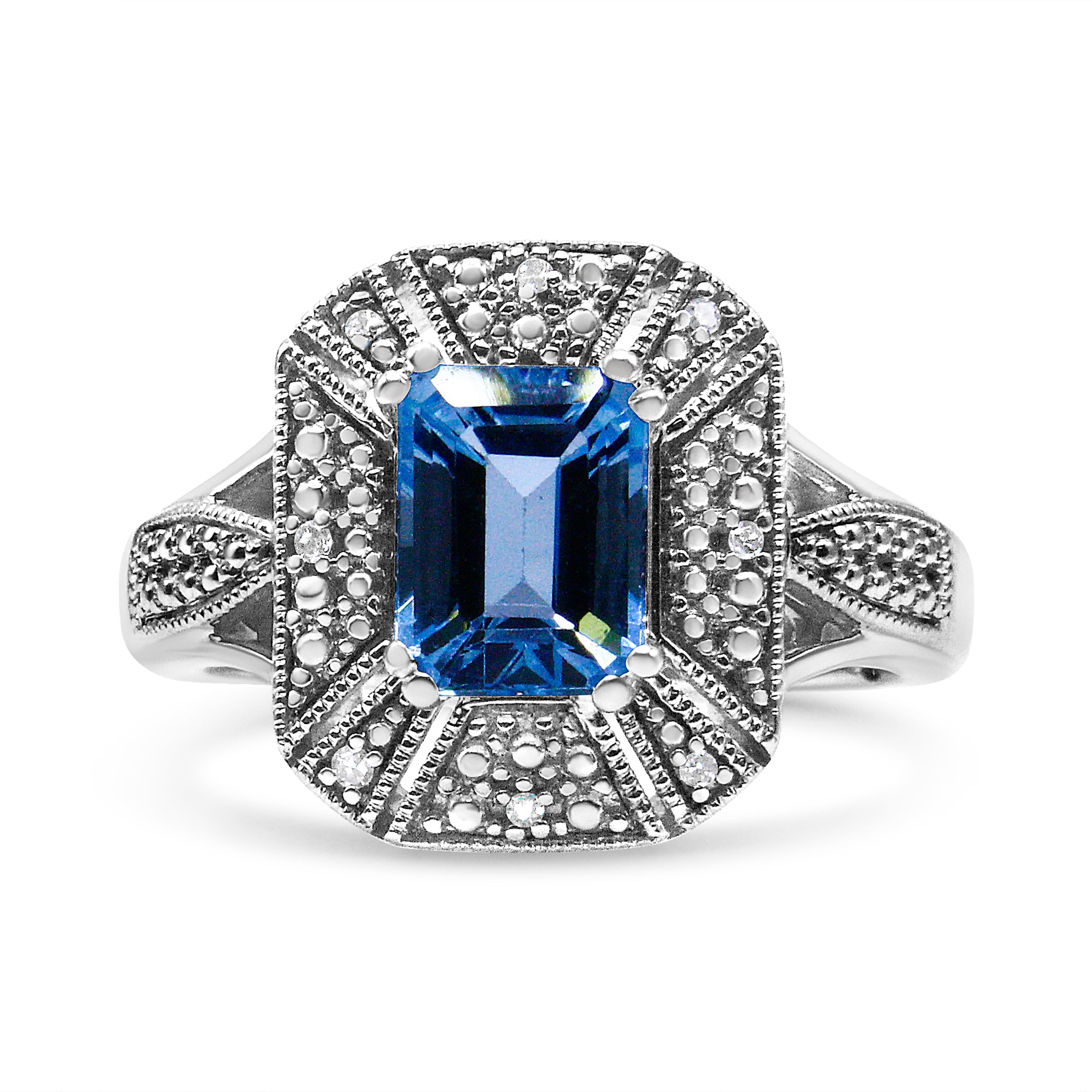 .925 Sterling Silver Diamond Accent and 8X6 mm Emerald-Shape Blue Topaz Ring I-J Color, I2-I3 Clarity - Ring Size 7 on sale at MyriadMart