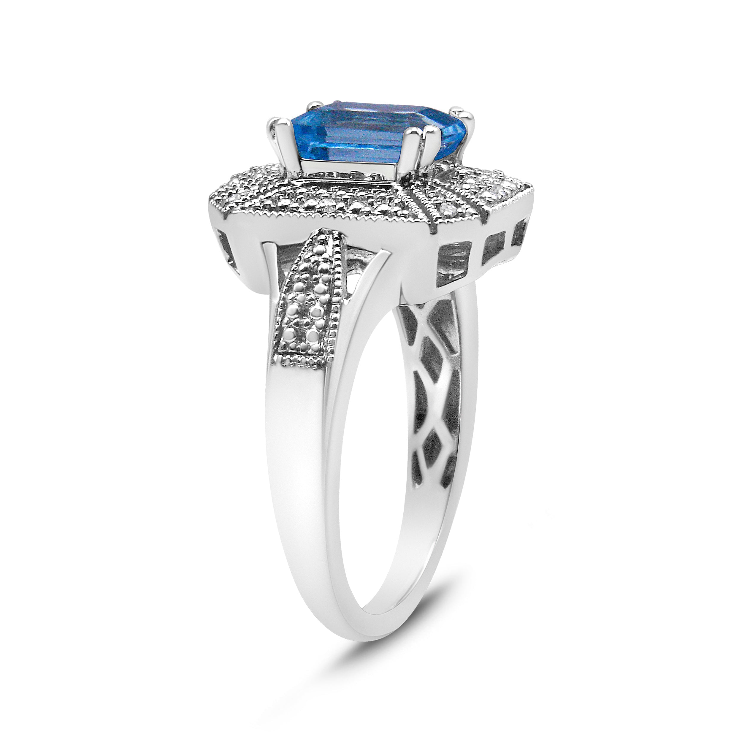.925 Sterling Silver Diamond Accent and 8X6 mm Emerald-Shape Blue Topaz Ring I-J Color, I2-I3 Clarity - Ring Size 7 on sale at MyriadMart