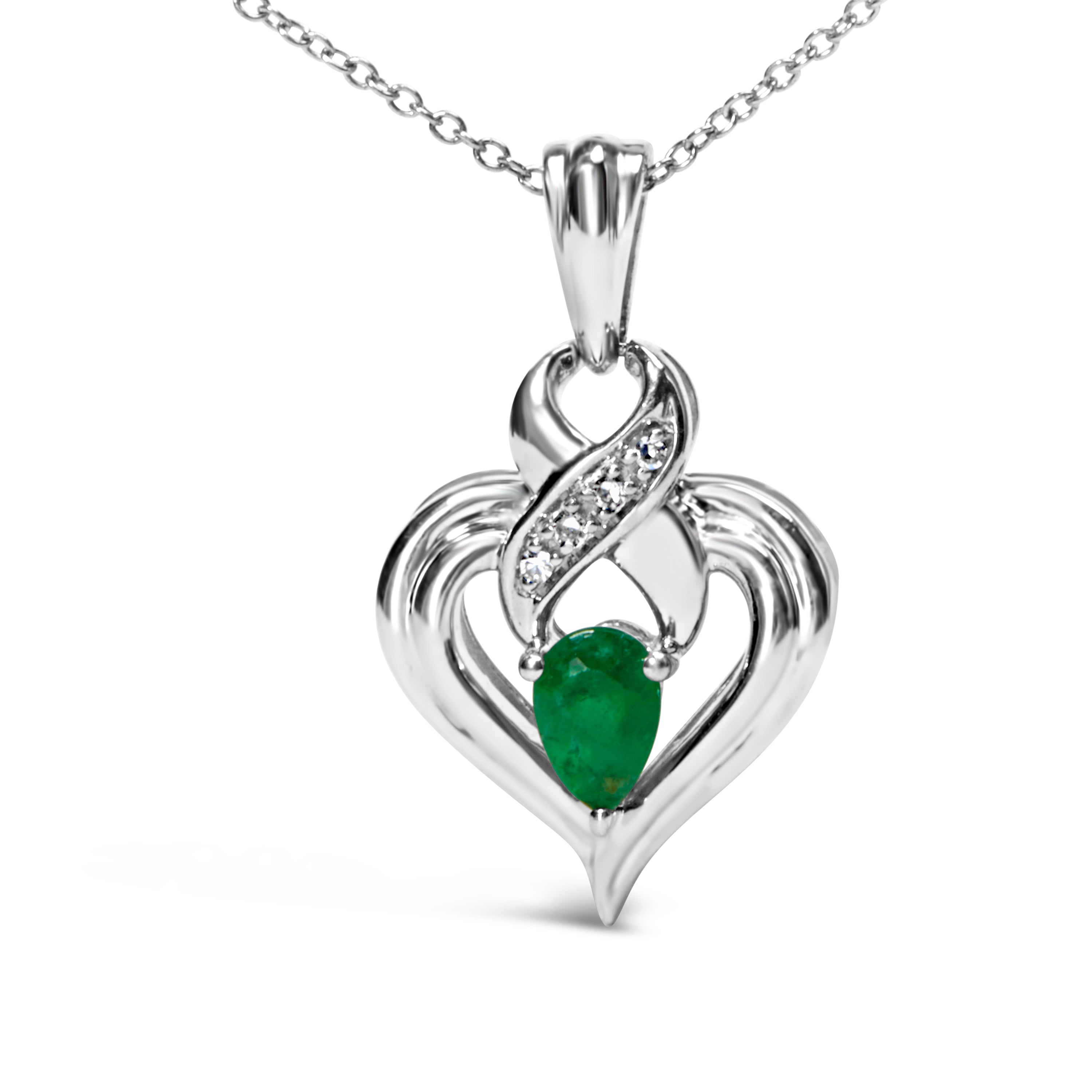 .925 Sterling Silver 6x4mm Pear Emerald and Diamond Accent Heart Pendant Necklace H-I Color, SI1-SI2 Clarity - 18 Inches on sale at MyriadMart