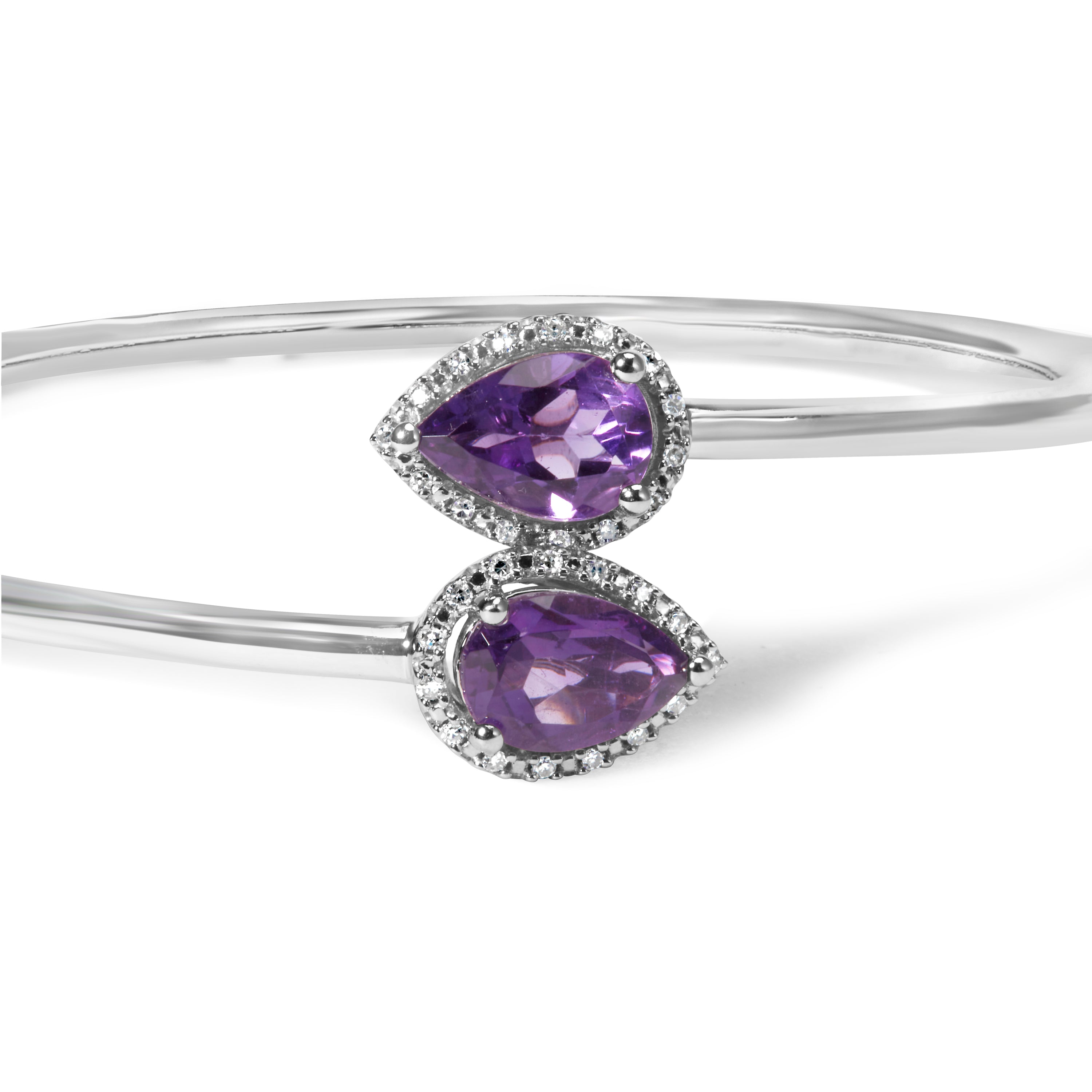.925 Sterling Silver 8 x 5.5mm Pear Shape Amethyst and Diamond Accent Halo Bypass Bangle Bracelet H-I Color, SI1-SI2 Clarity - Fits up to 7" Inches on sale at MyriadMart