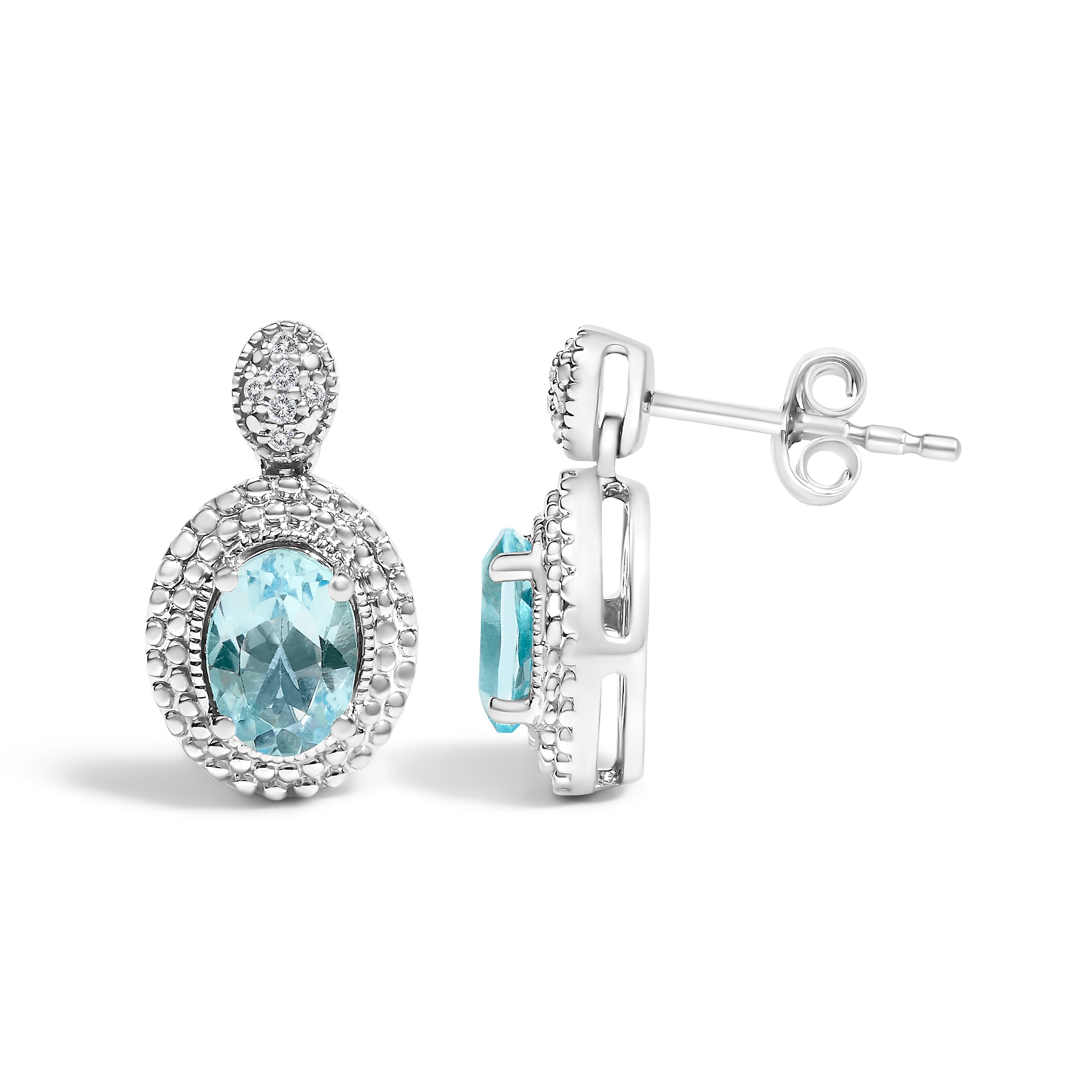 .925 Sterling Silver Diamond Accent and Oval Blue Topaz with Beaded Halo Drop Stud Earrings I-J color, I1-I2 Clarity on sale at MyriadMart