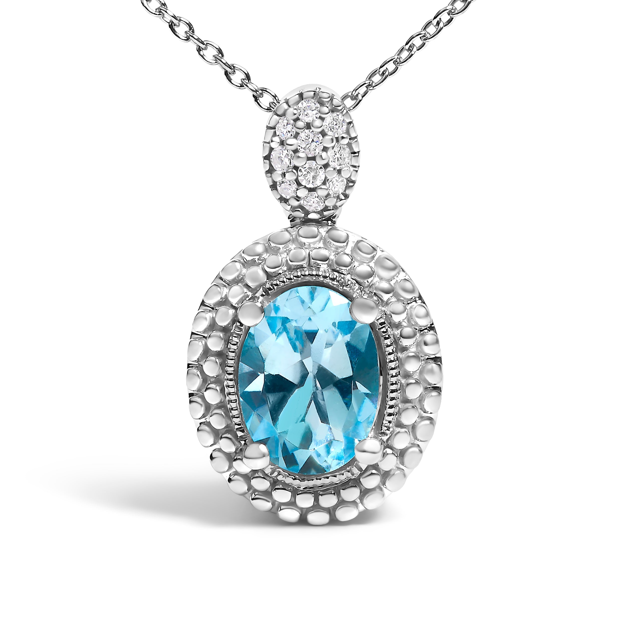 .925 Sterling Silver Oval Blue Topaz and Diamond Accent with Beaded Halo Pendant Necklace - 18" Inches on sale at MyriadMart