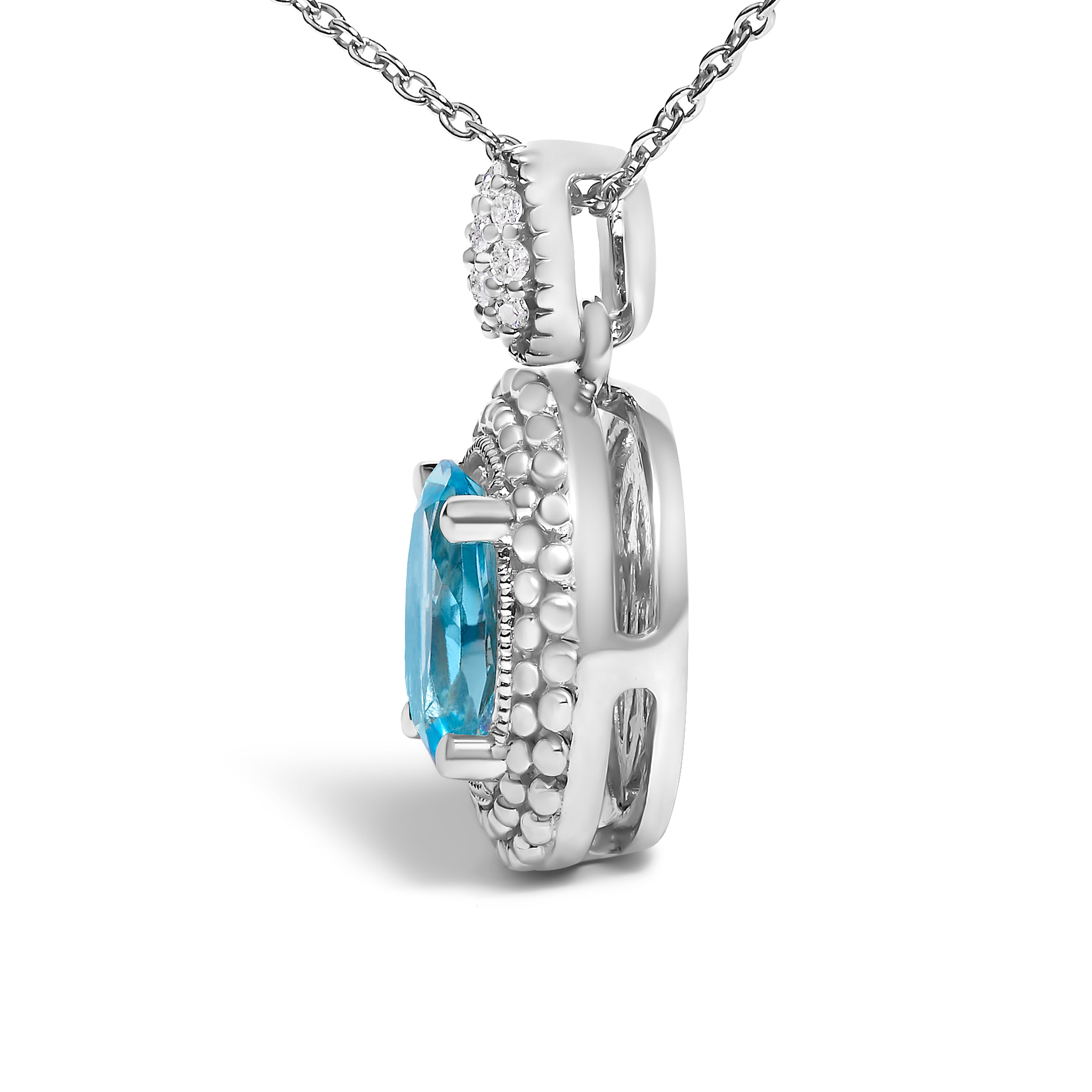 .925 Sterling Silver Oval Blue Topaz and Diamond Accent with Beaded Halo Pendant Necklace - 18" Inches on sale at MyriadMart