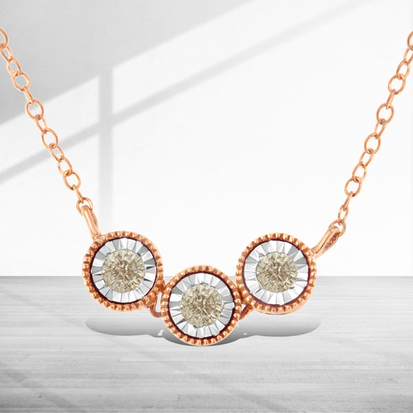 10K Rose and White Gold Plated .925 Sterling Silver 1/4 Cttw Miracle-Set Champagne Diamond Triple Circle 18" Necklace I2-I3 Clarity on sale at MyriadMart