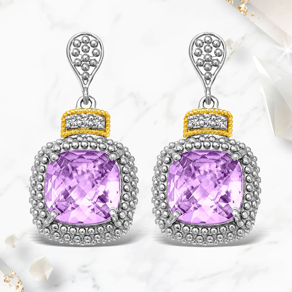 18k Yellow Gold & Sterling Silver Cushion Amethyst & Diamond Earrings .05cttw on sale at MyriadMart